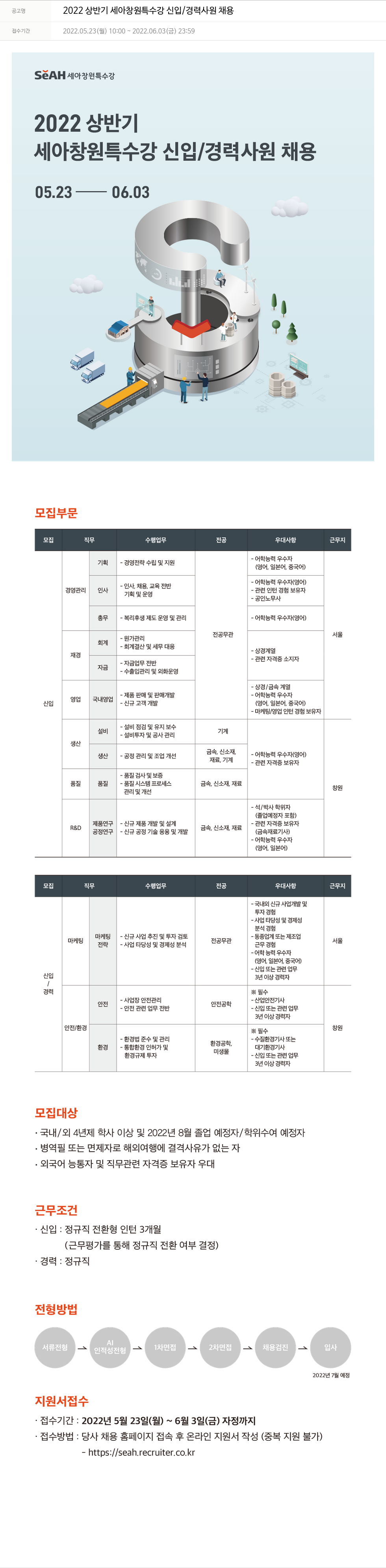 세아베스틸 2022 상반기 세아 창원 특수강 신입 / 경력 사원 채용 채용공고