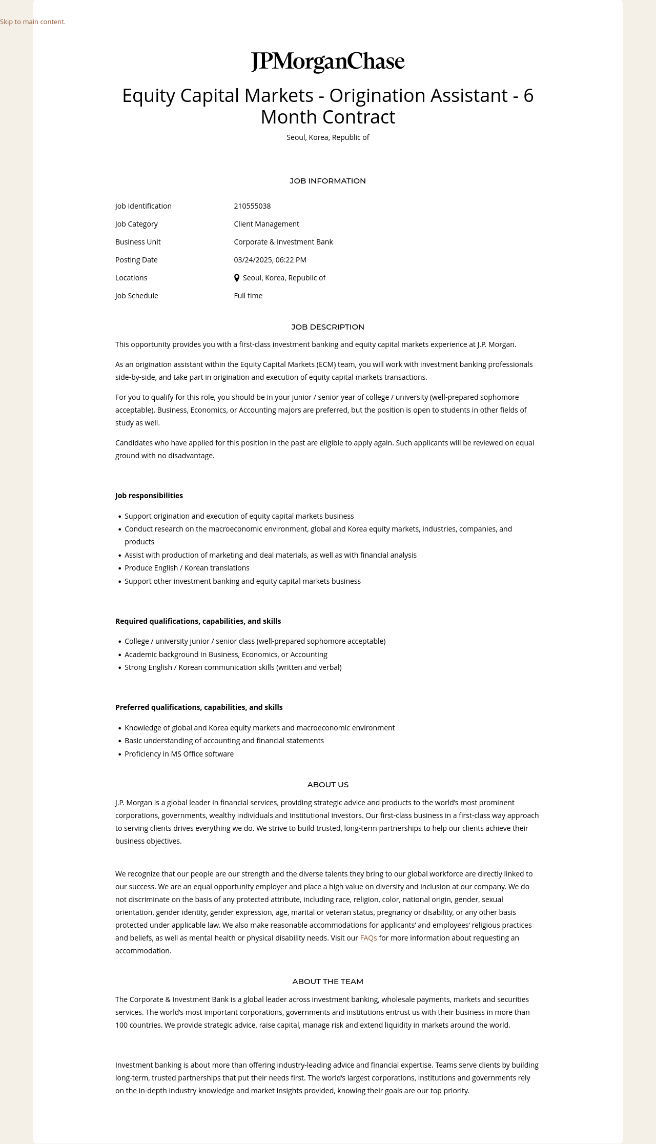 JPMorganChase Equity Capital Markets - Origination Assistant - 6 Month Contract 채용공고