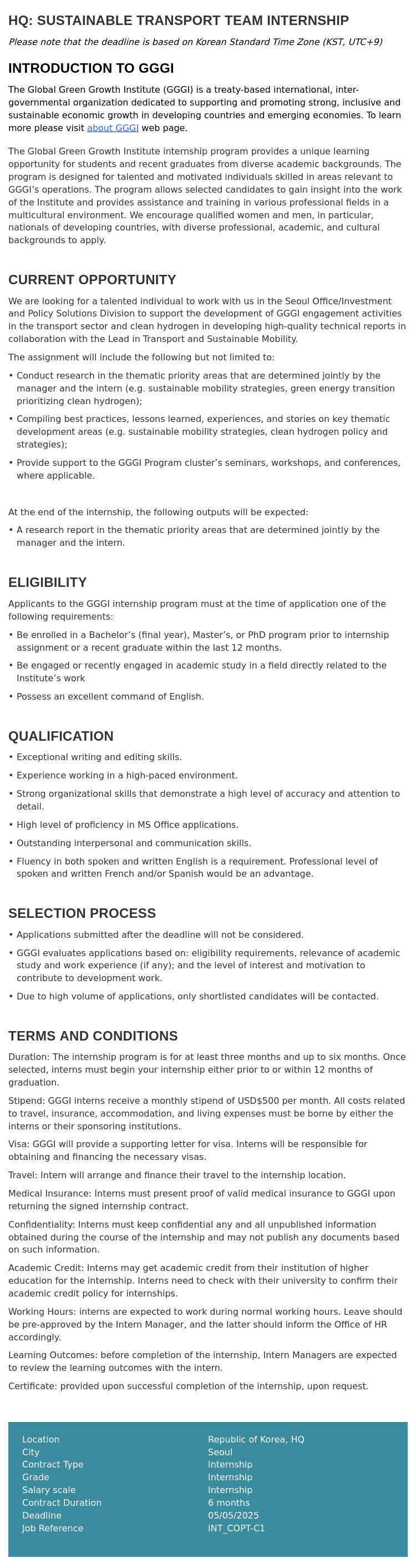 글로벌녹색성장기구 Sustainable Transport Team Internship 채용공고
