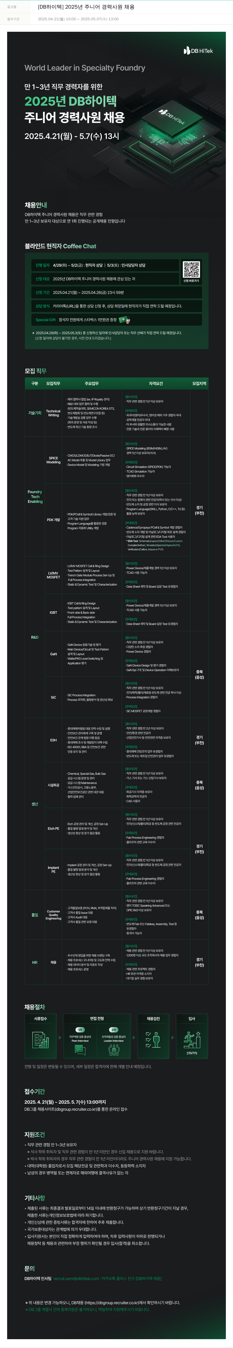 DB하이텍 2025년 주니어 경력 사원 채용 채용공고