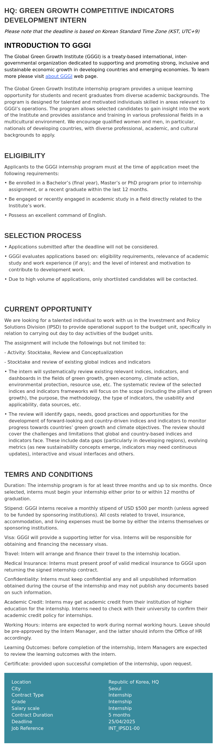 글로벌녹색성장기구 GREEN GROWTH COMPETITIVE INDICATORS DEVELOPMENT INTERN 채용공고