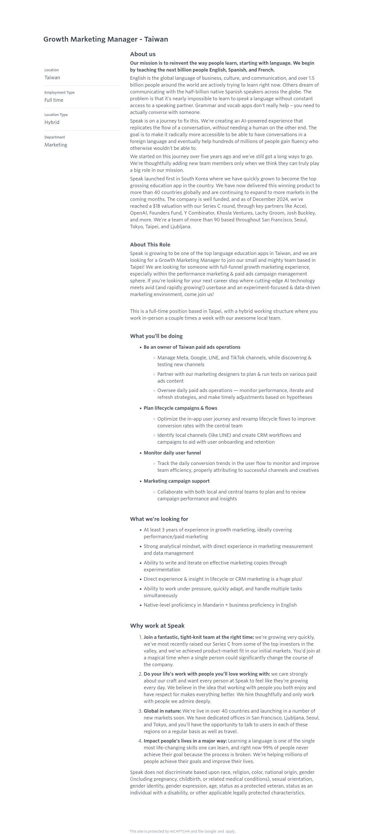 스픽 Growth Marketing Manager - Taiwan 채용공고