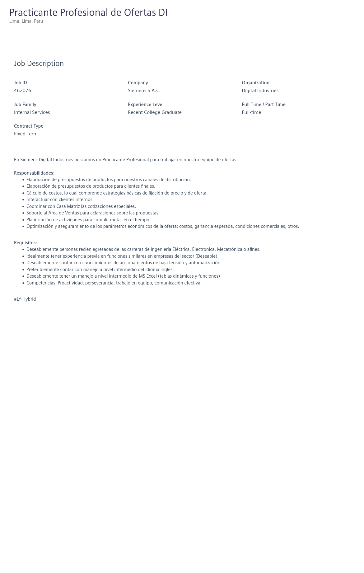 지멘스 Practicante Profesional de Ofertas DI 채용공고