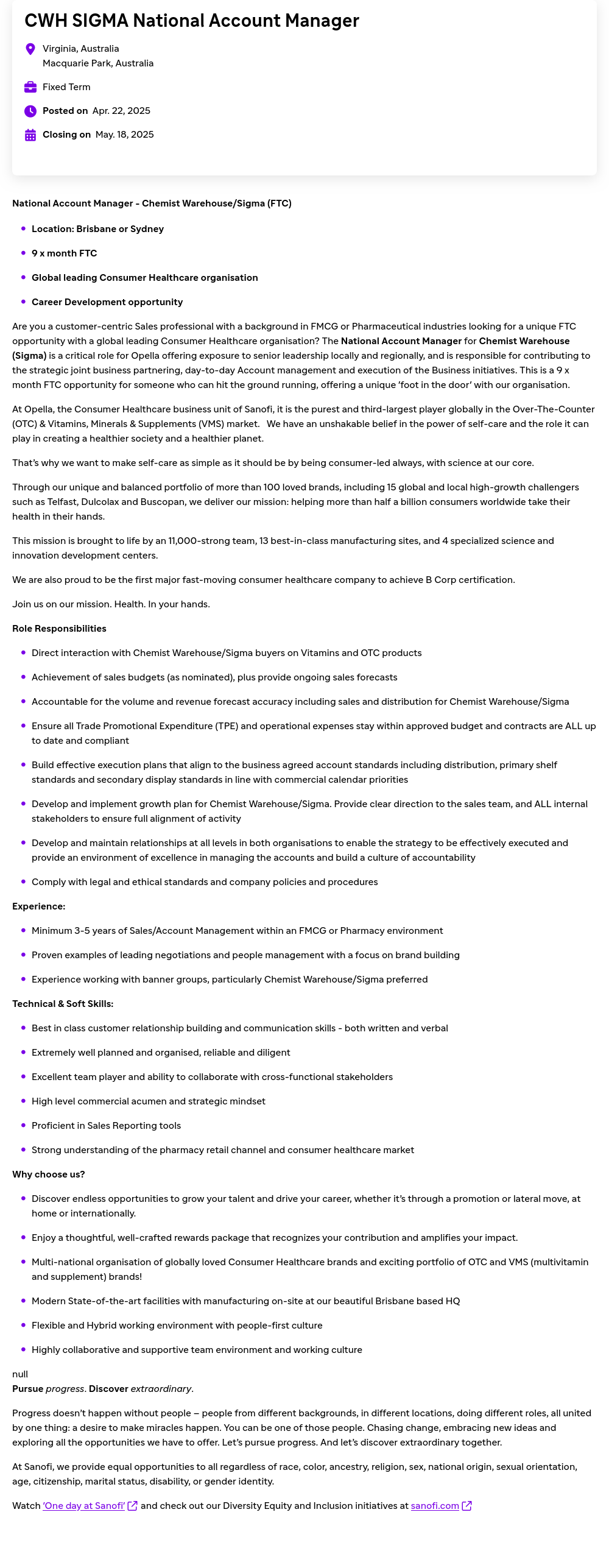 사노피 National Account Manager - Chemist Warehouse / Sigma (FTC) 채용공고