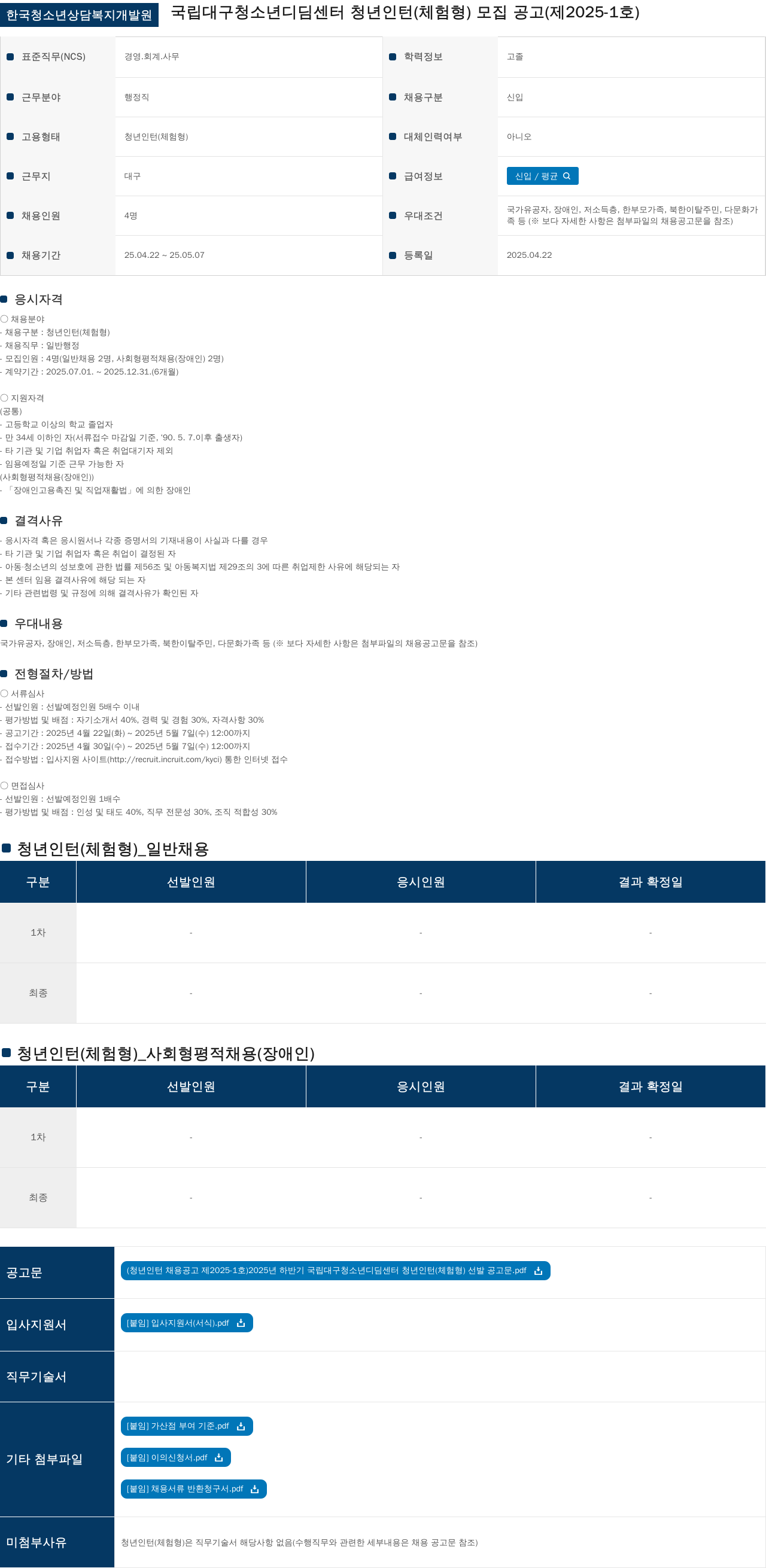 한국청소년상담복지개발원 국립 대구 청소년 디딤 센터 청년 인턴(체험형) 모집 공고 (제2025-1호) 채용공고