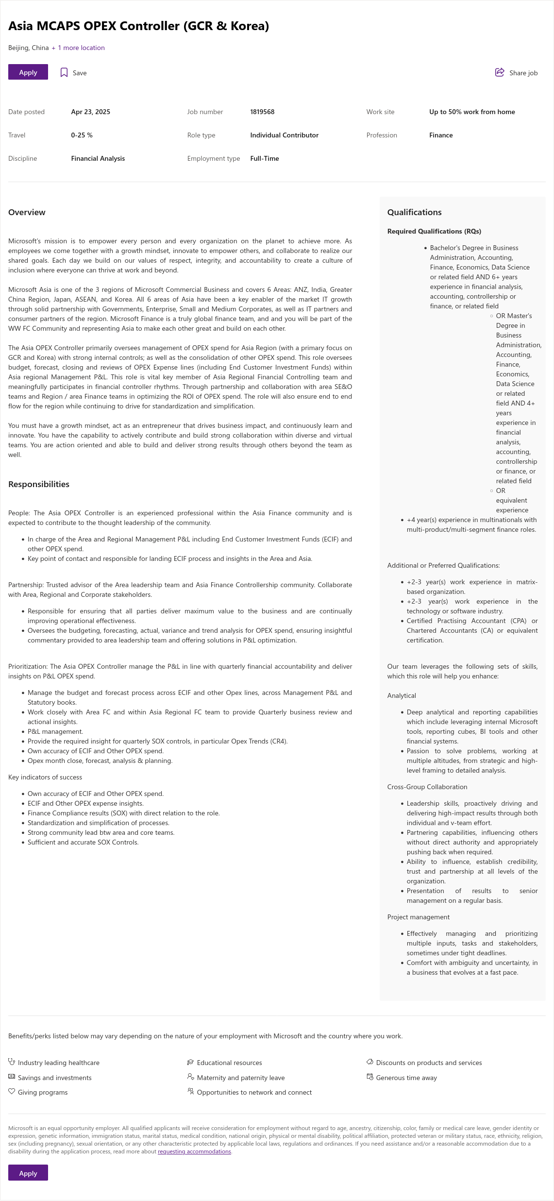 마이크로소프트(Microsoft) Asia MCAPS OPEX Controller (GCR & Korea) 채용공고