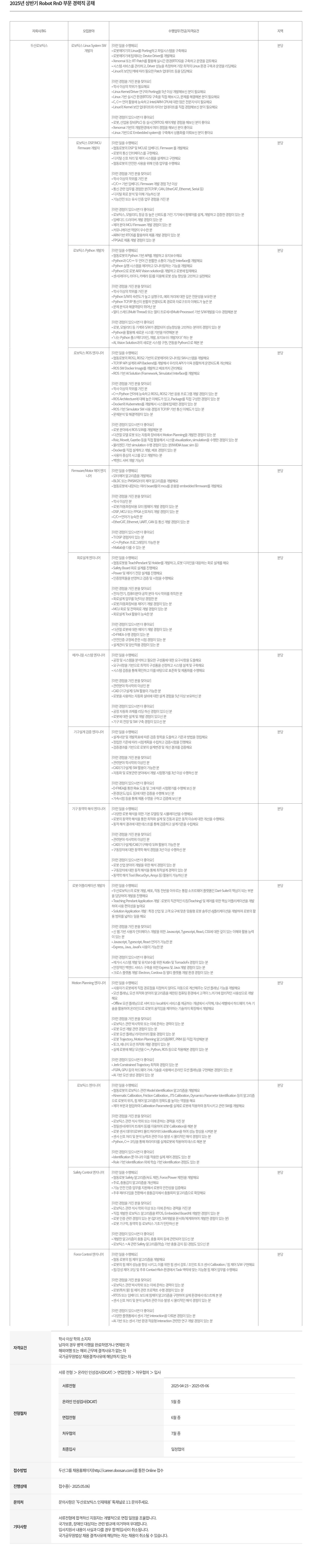 두산로보틱스 2025년 상반기 Robot RnD 부문 경력직 공채 채용공고