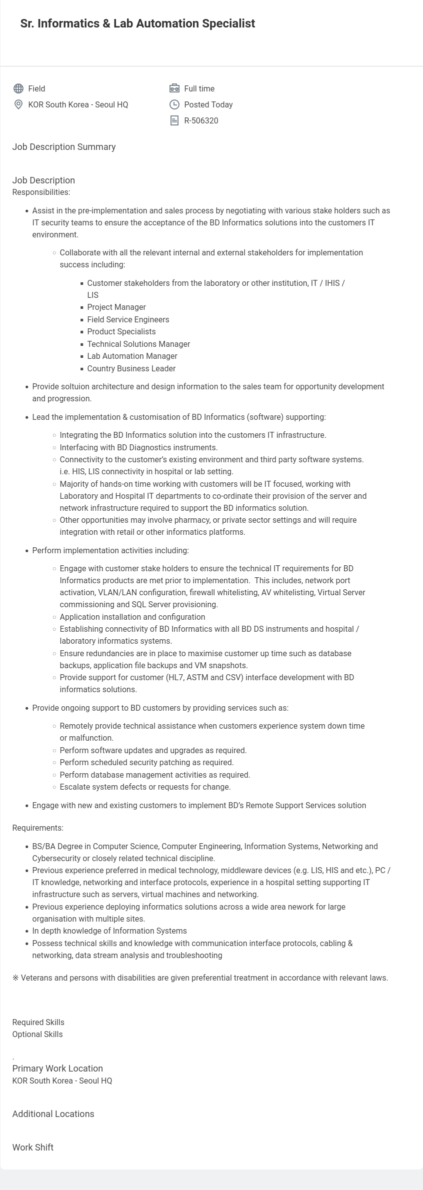 벡톤디킨슨코리아 Sr. Informatics & Lab Automation Specialist 채용공고
