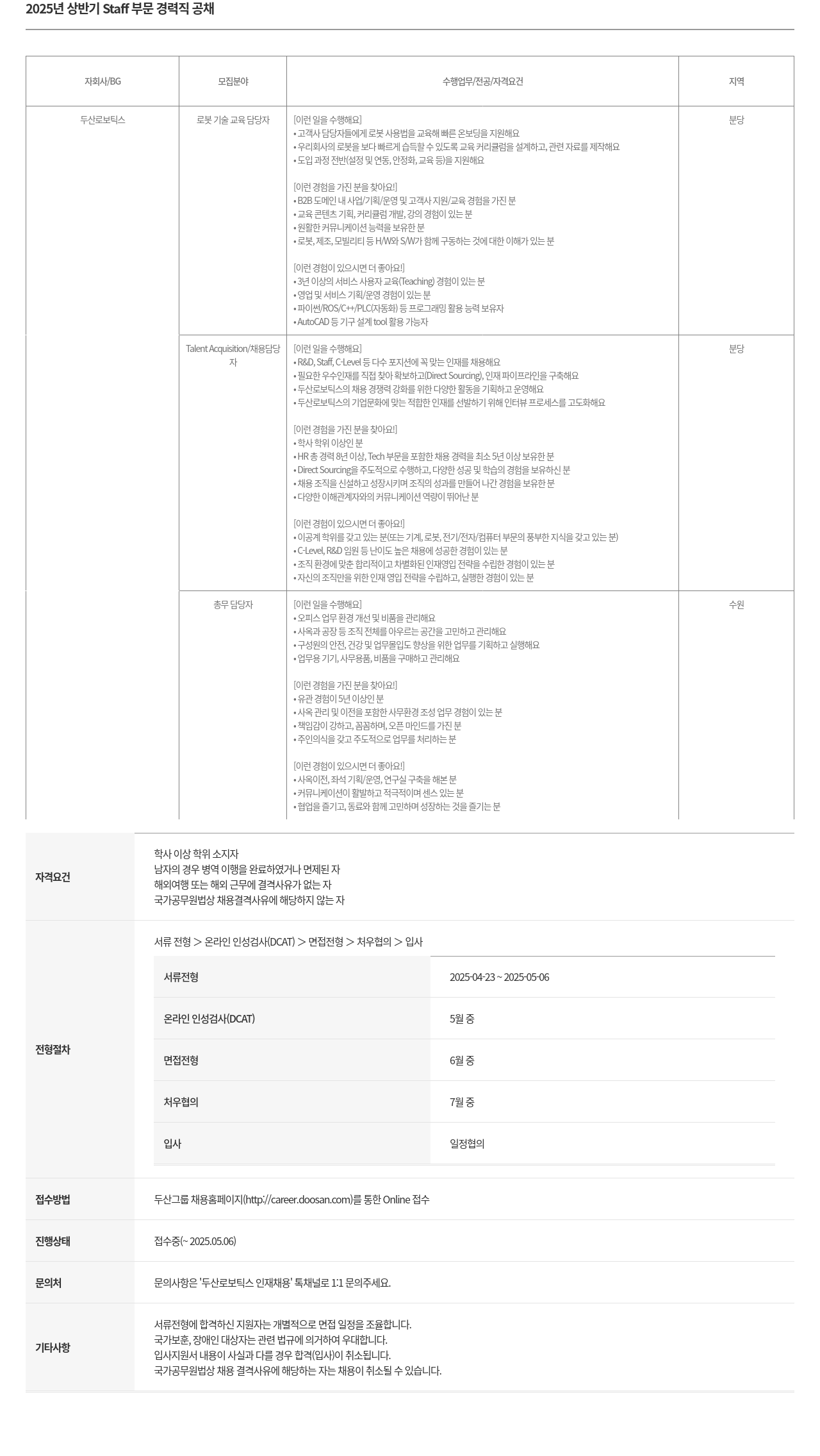 두산로보틱스 2025년 상반기 Staff 부문 경력직 공채 채용공고
