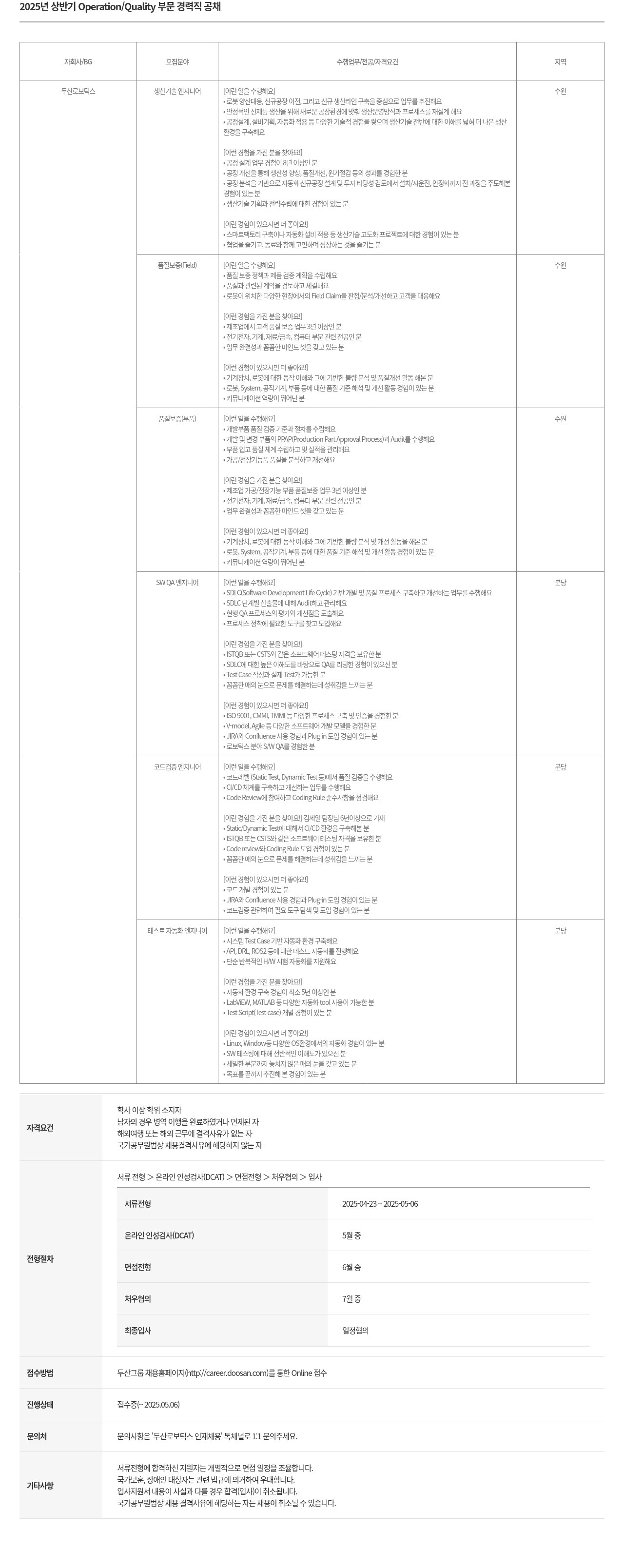 두산로보틱스 2025년 상반기 Operation / Quality 부문 경력직 공채 채용공고