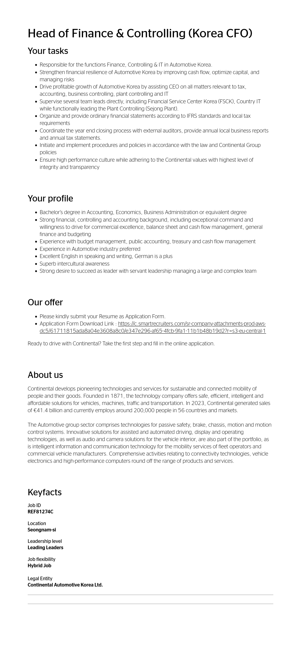 콘티넨탈 AG Head of Finance & Controlling (Korea CFO) 채용공고