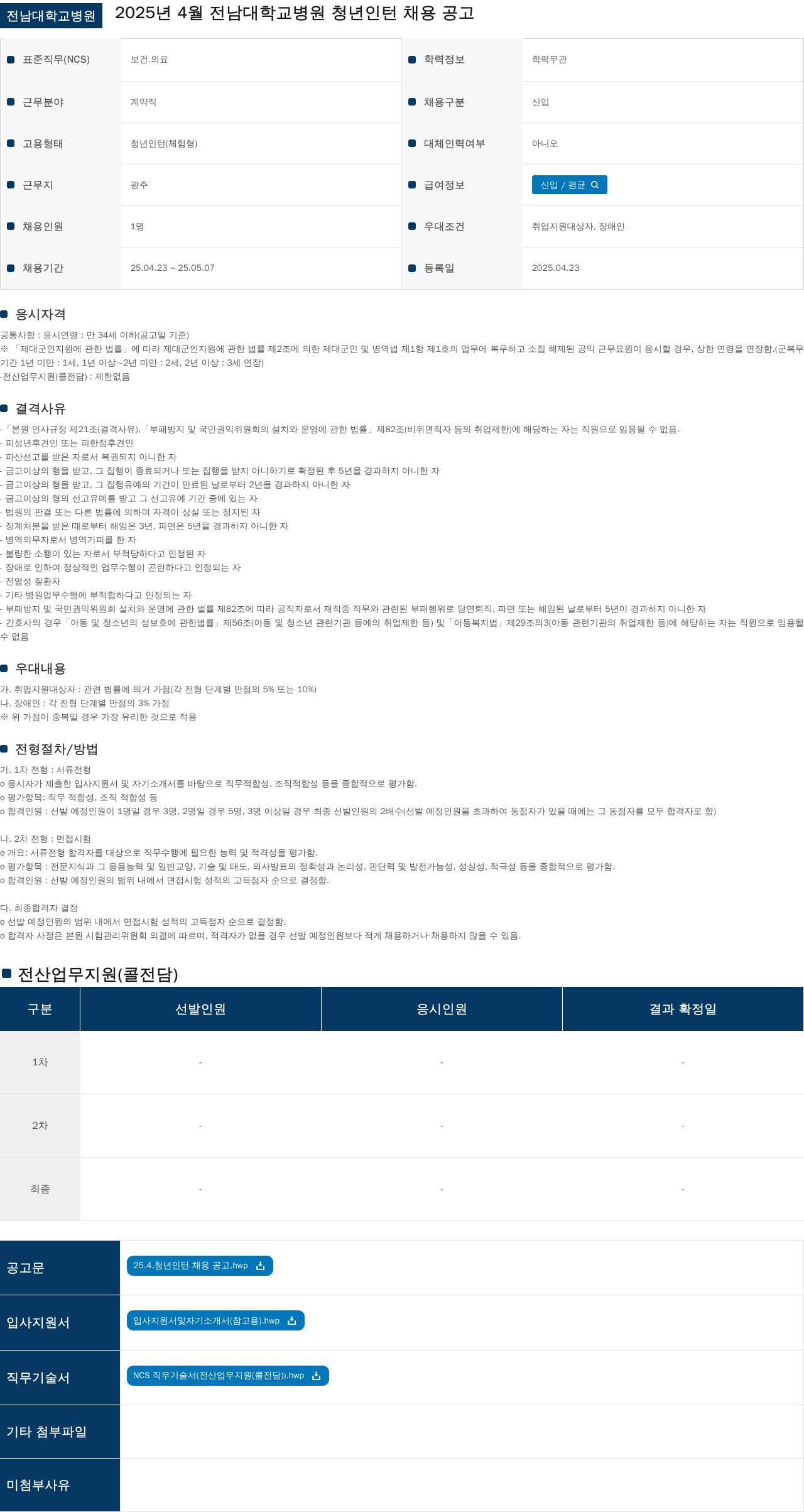 전남대학교병원 2025년 4월 전남대학교병원 청년 인턴 채용 공고 채용공고