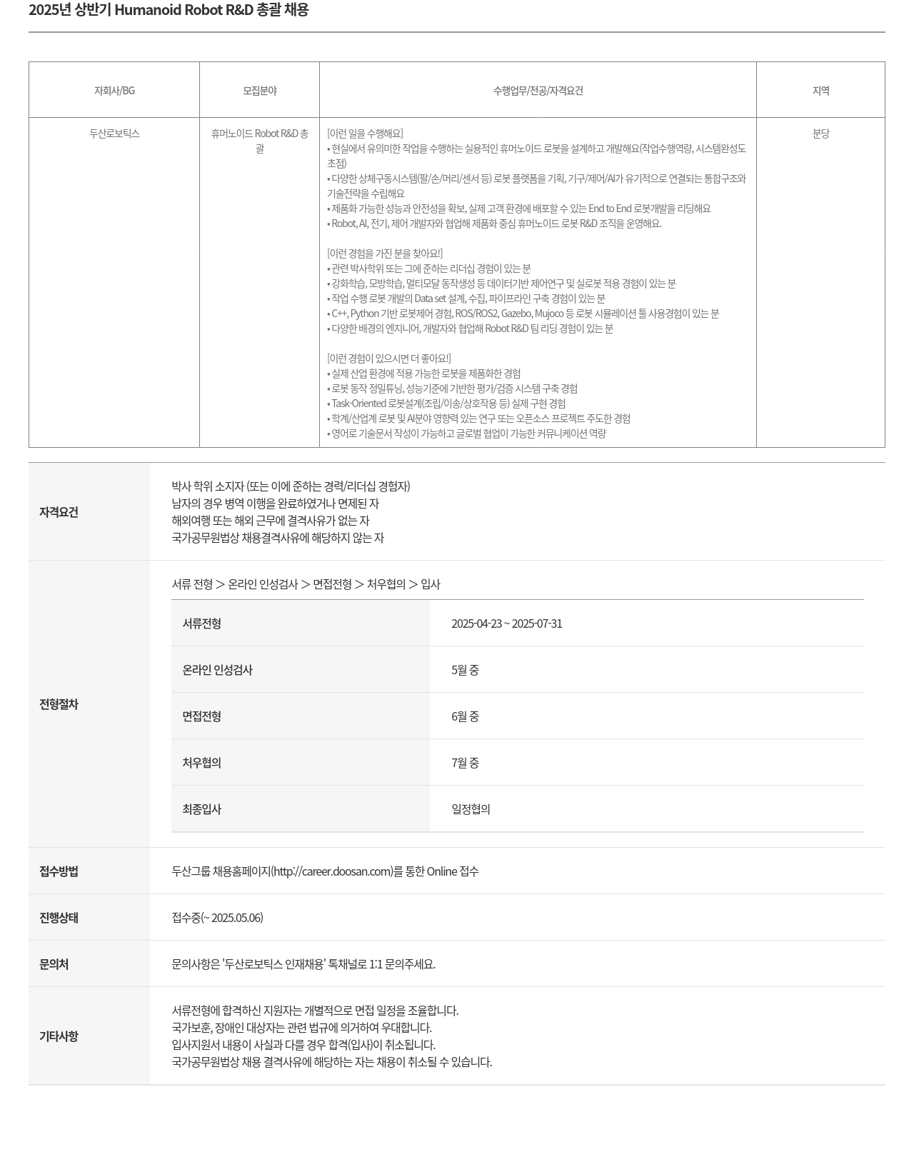 두산로보틱스 2025년 상반기 Humanoid Robot R&D 총괄 채용 채용공고