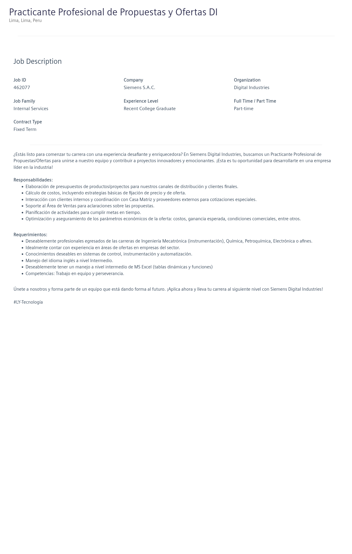 지멘스 Practicante Profesional de Propuestas y Ofertas DI 채용공고