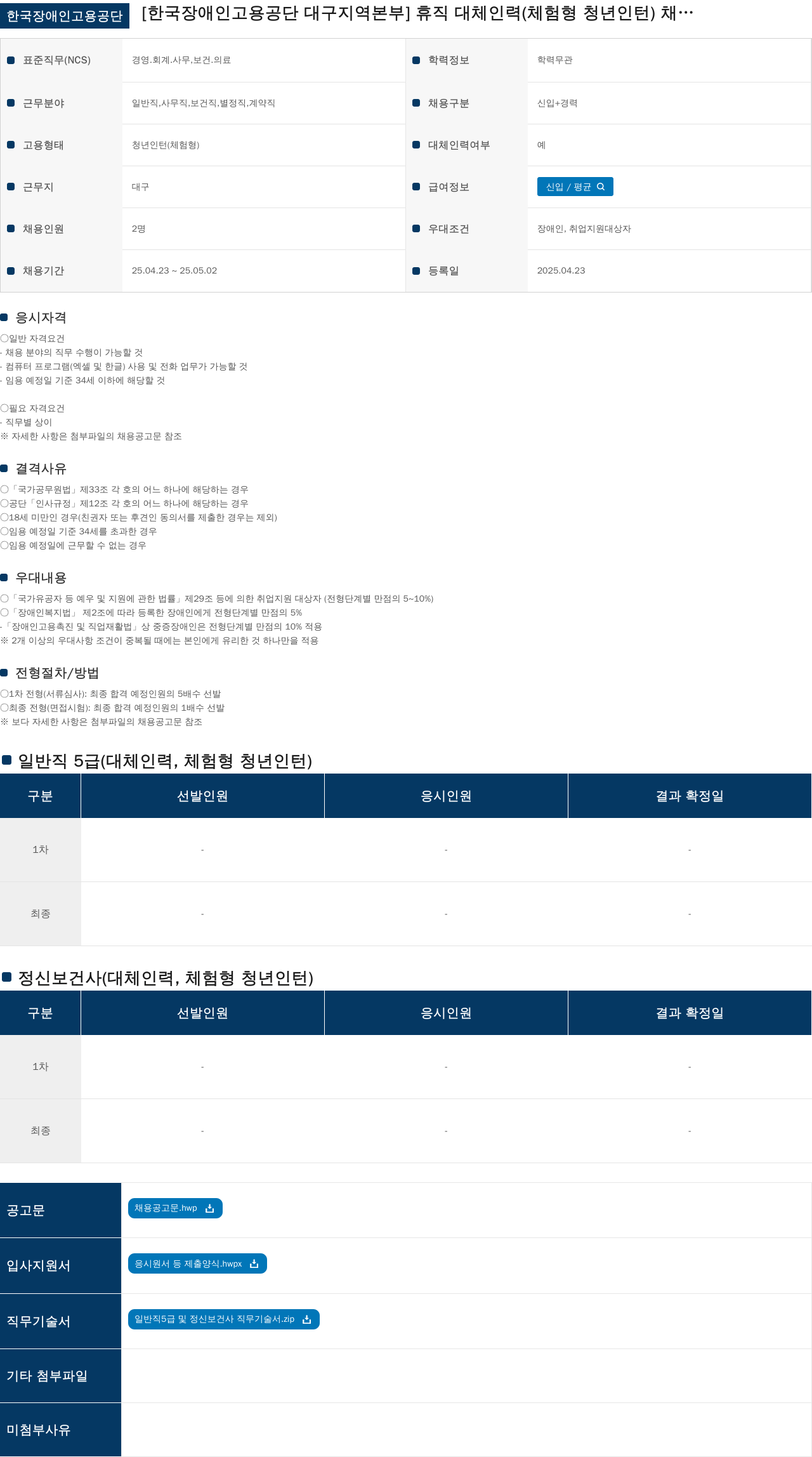 한국장애인고용공단 휴직 대체 인력(체험형 청년 인턴) 채용 채용공고