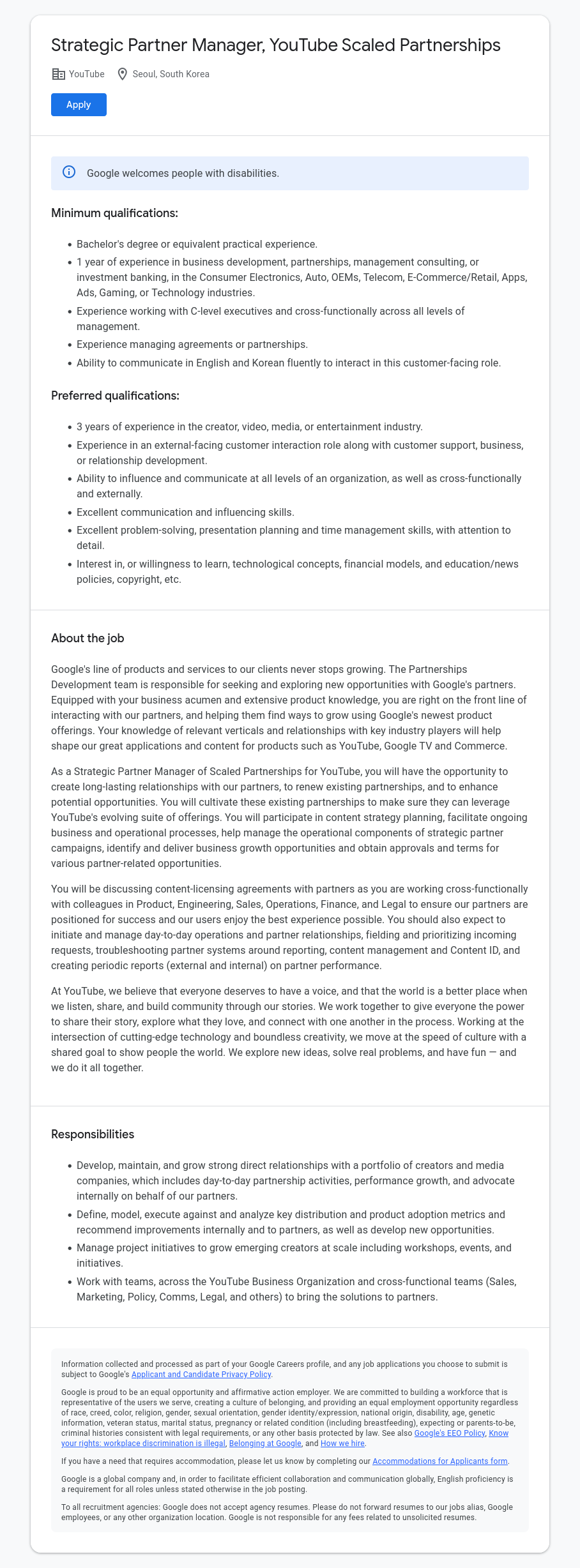 구글(Google) Strategic Partner Manager, YouTube Scaled Partnerships 채용공고