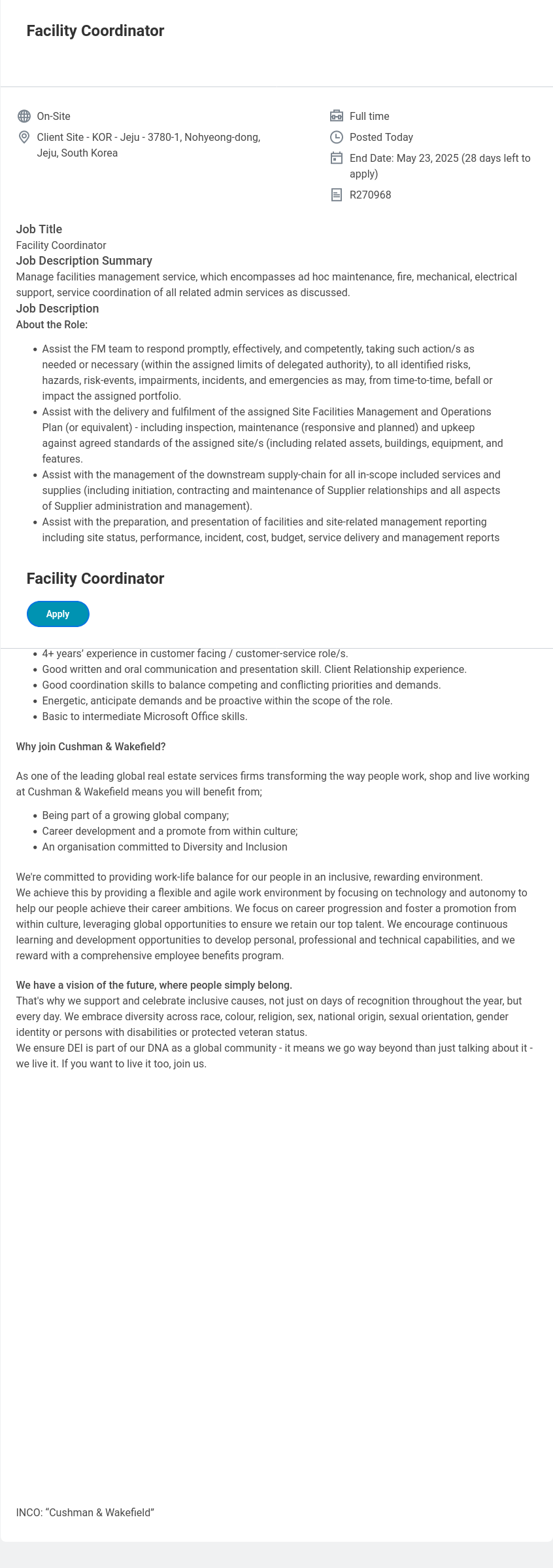 쿠시먼앤드웨이크필드 Facility Coordinator 채용공고