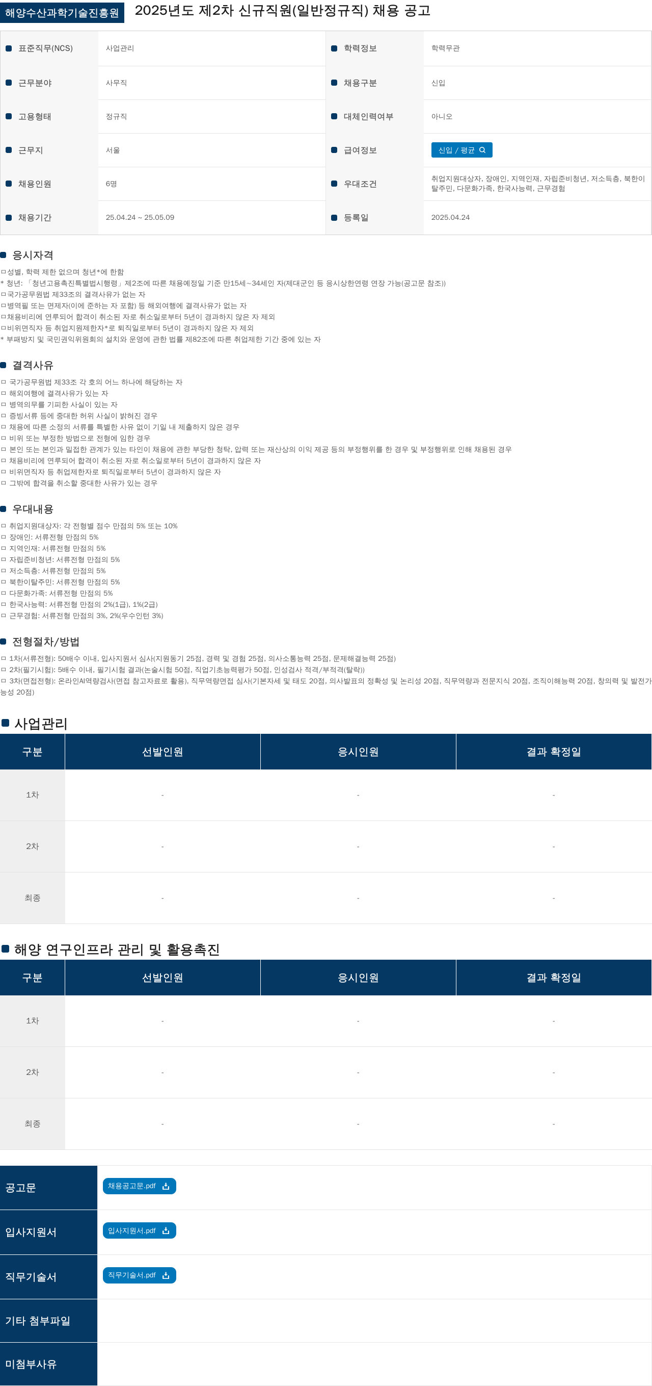 해양수산과학기술진흥원 2025년도 제2차 신규 직원(일반 정규직) 채용 공고 채용공고