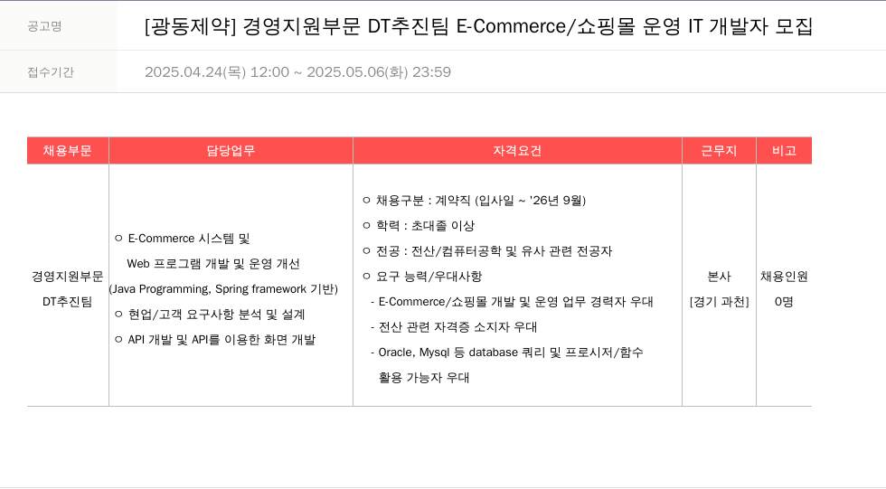 광동제약 경영 지원 부문 DT 추진팀 E-Commerce / 쇼핑몰 운영 IT 개발자 모집 채용공고