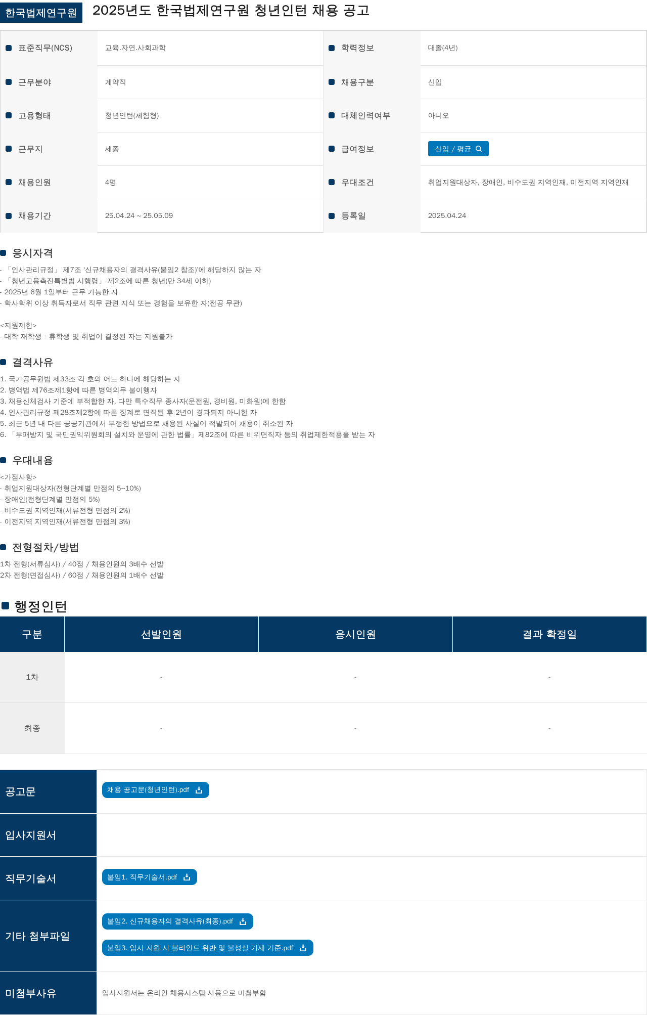 한국법제연구원 2025년도 한국법제연구원 청년 인턴 채용 공고 채용공고