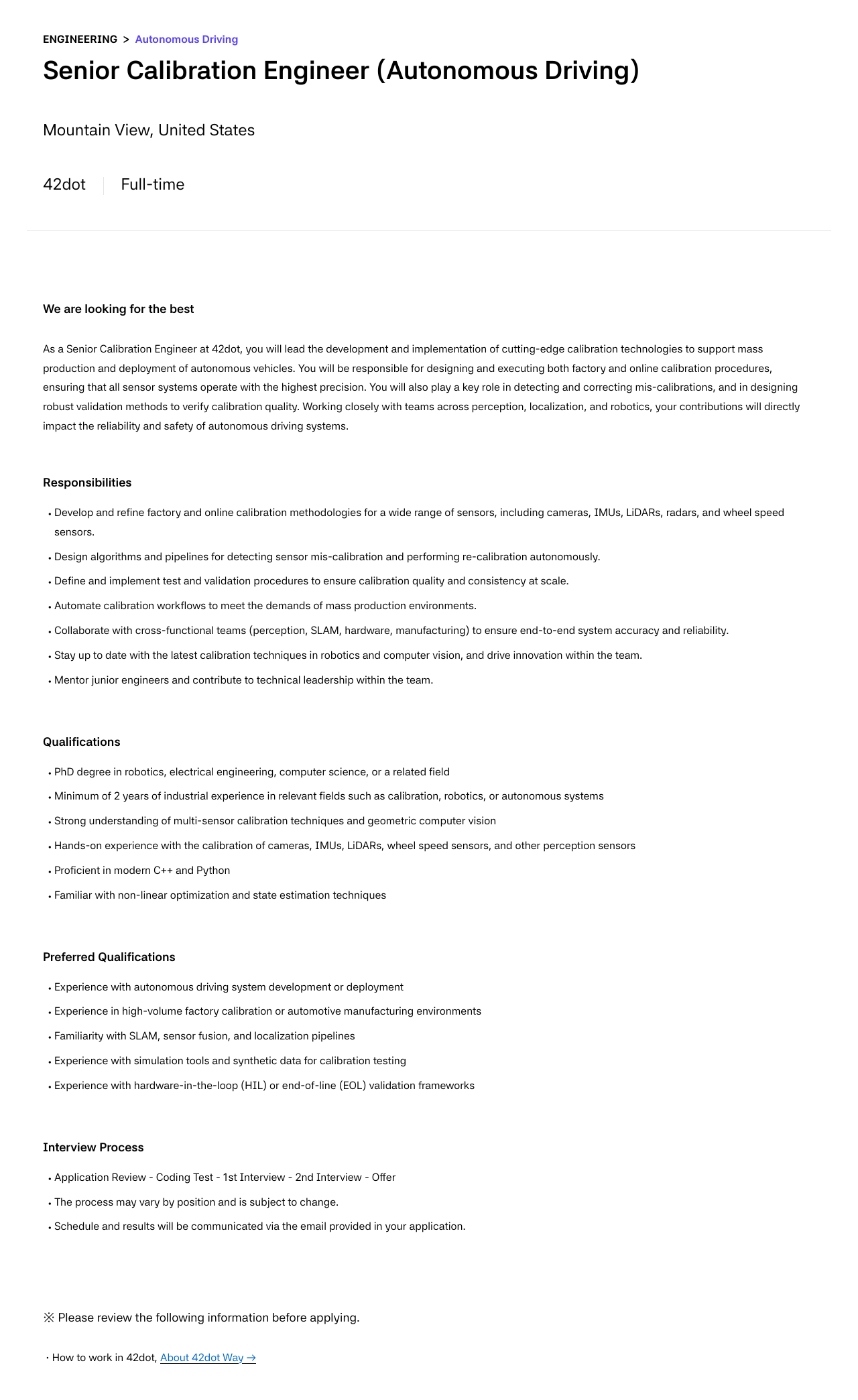 42dot Senior Calibration Engineer (Autonomous Driving) 채용공고