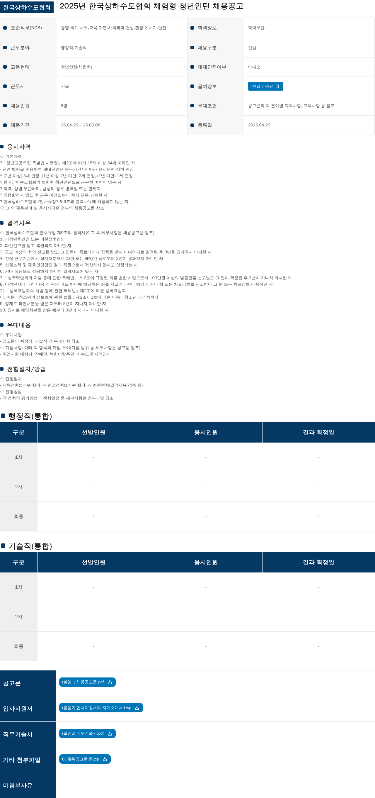 한국상하수도협회 2025년 한국 상하수도 협회 체험형 청년 인턴 채용 공고 채용공고