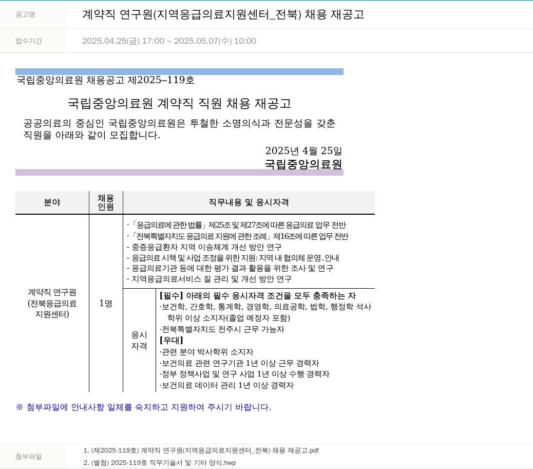 국립중앙의료원 계약직 연구원 (지역 응급의료 지원센터_전북) 채용 재공고 채용공고