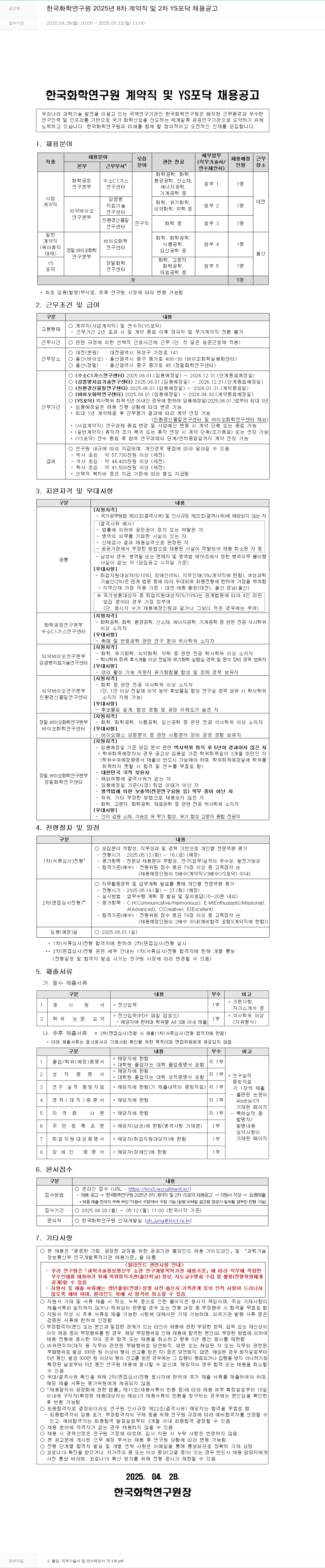 한국화학연구원 2025년 8차 계약직 및 2차 YS 포닥 채용 공고 채용공고