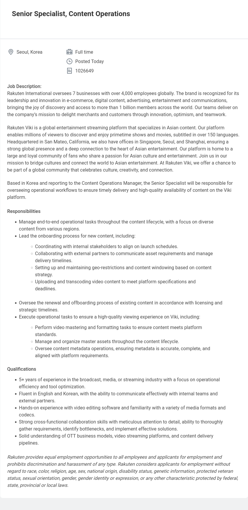 라쿠텐 Senior Specialist, Content Operations 채용공고