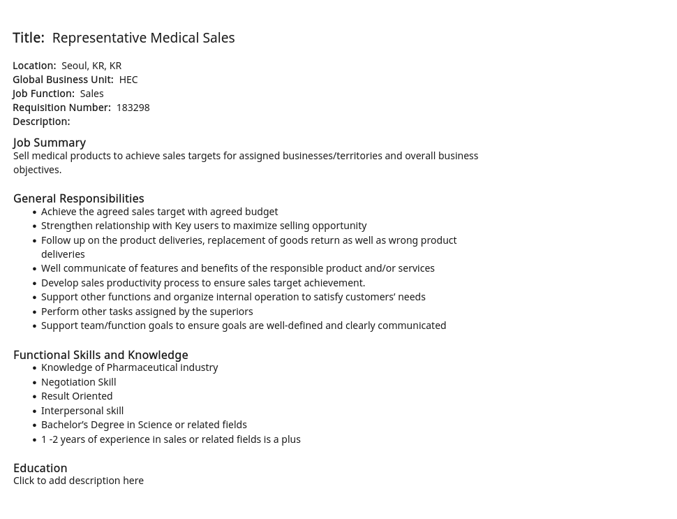 DKSH코리아 Representative Medical Sales 채용공고