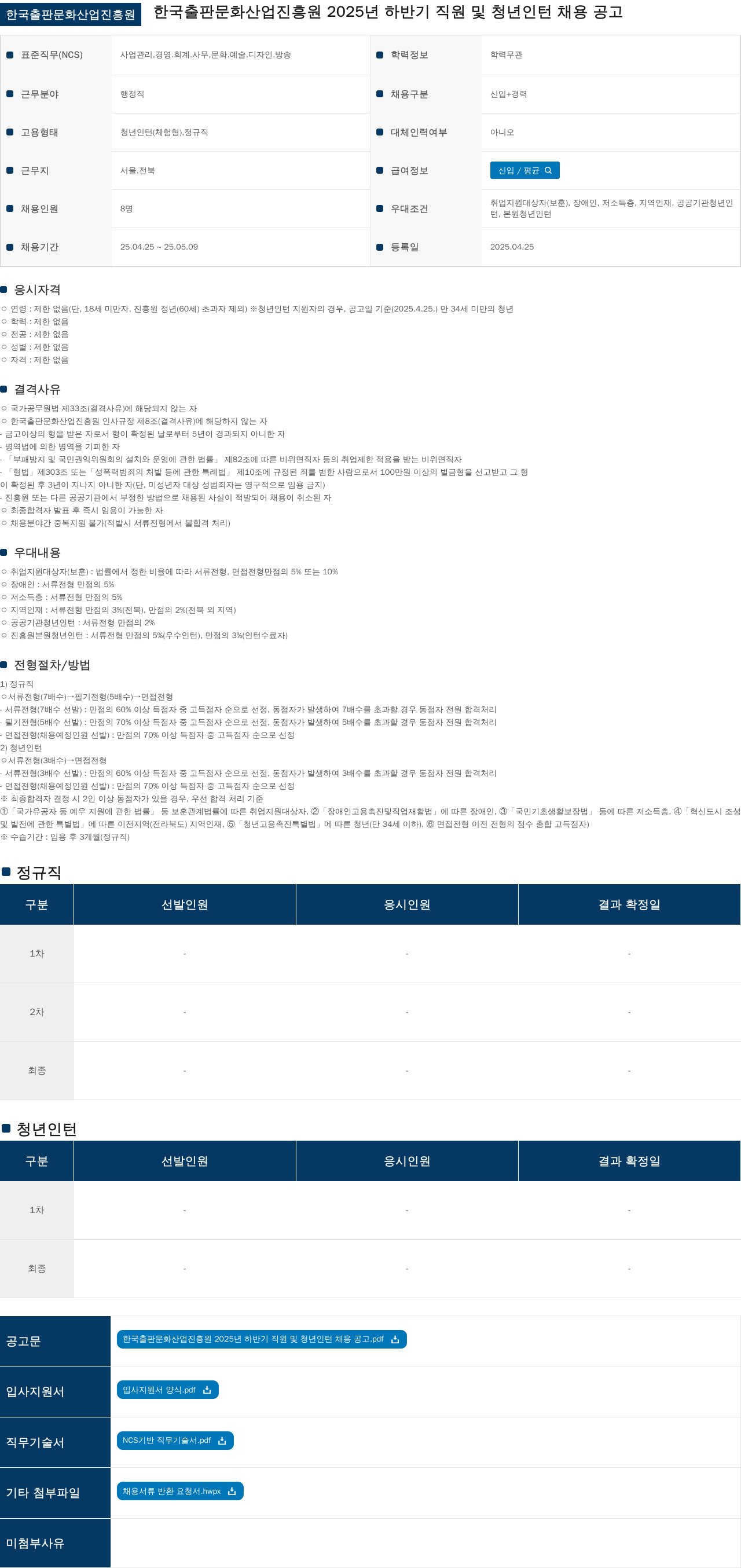 한국출판문화산업진흥원 2025년 하반기 직원 및 청년 인턴 채용 공고 채용공고