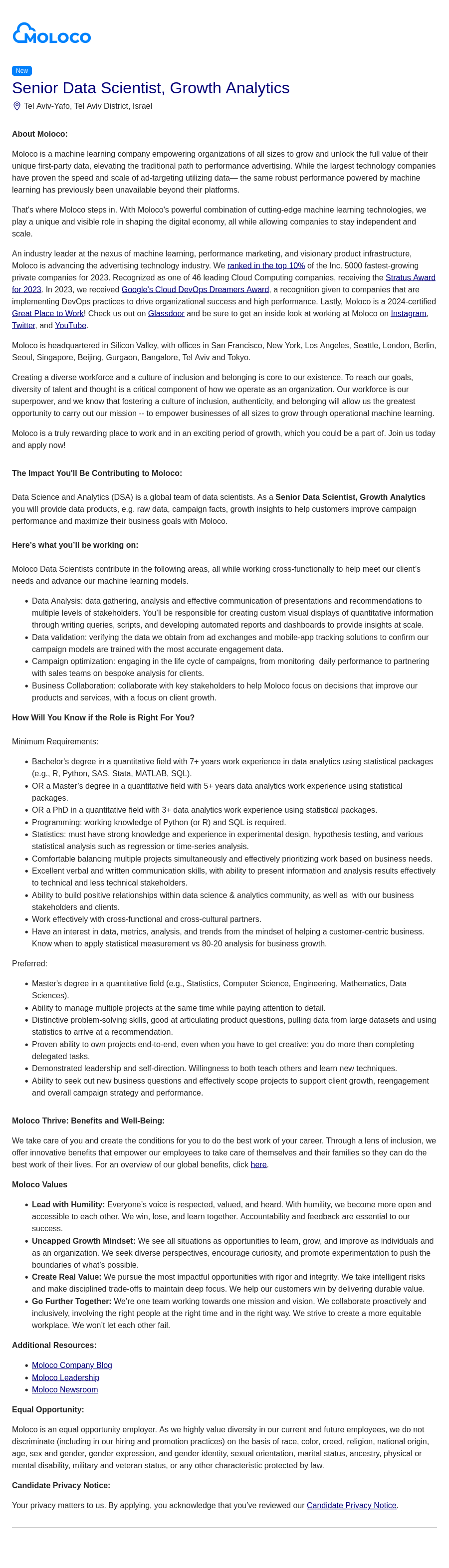 몰로코 Senior Data Scientist, Growth Analytics 채용공고