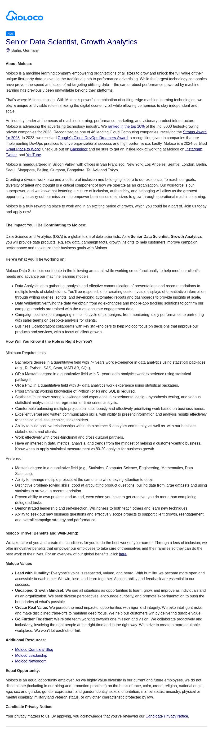 몰로코 Senior Data Scientist, Growth Analytics 채용공고