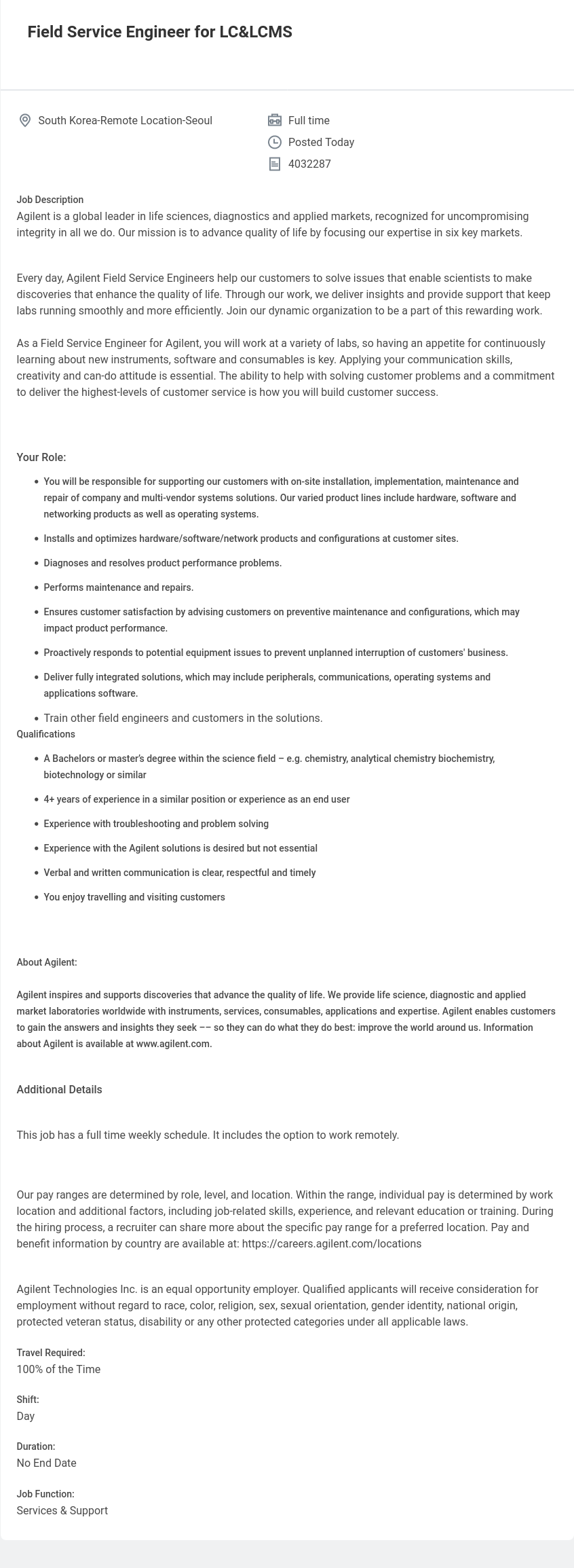 애질런트테크놀로지 Field Service Engineer for LC & LCMS 채용공고