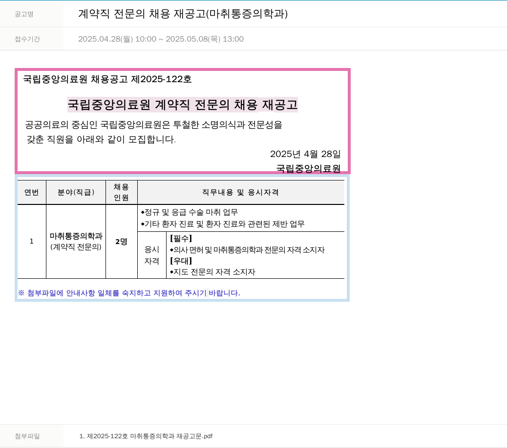 국립중앙의료원 계약직 전문의 채용 재공고 (마취통증의학과) 채용공고