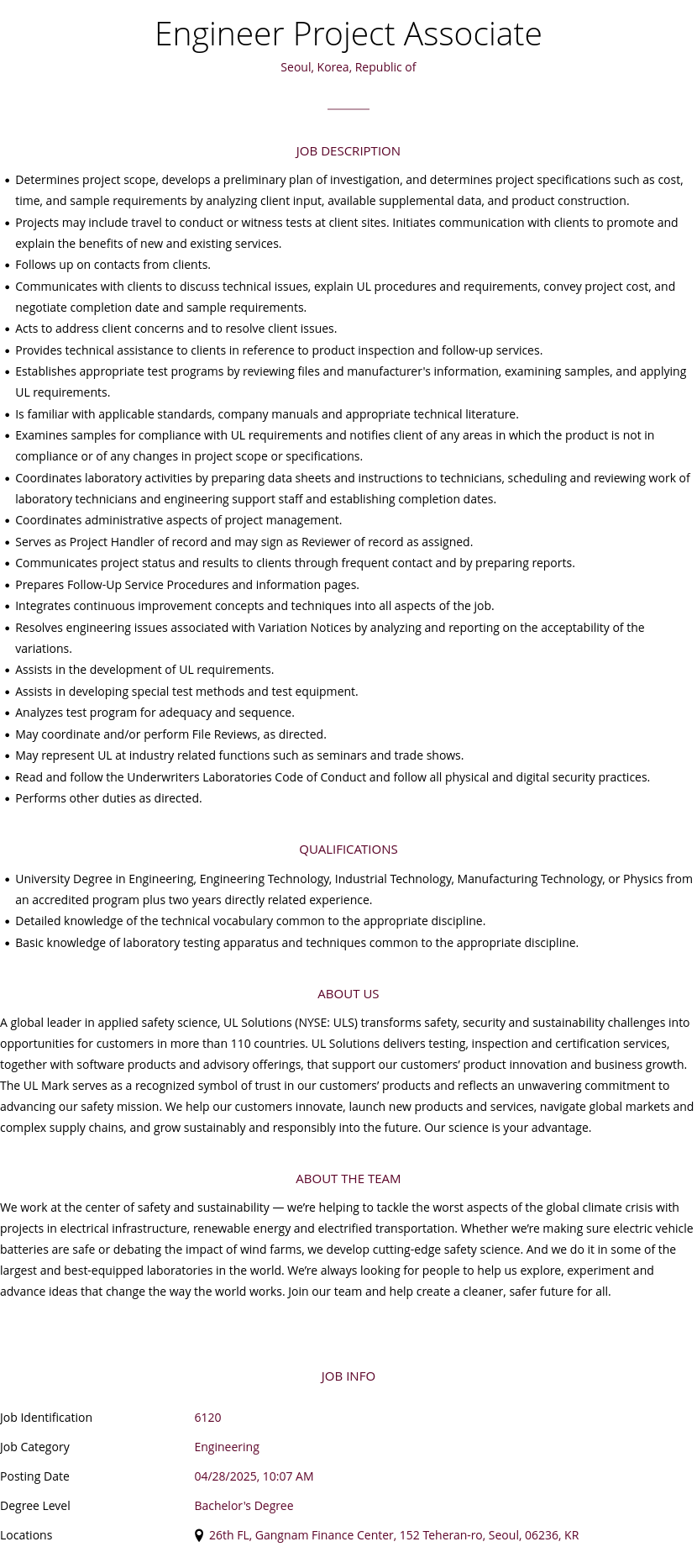 UL Solutions Project Associate Engineer 채용공고