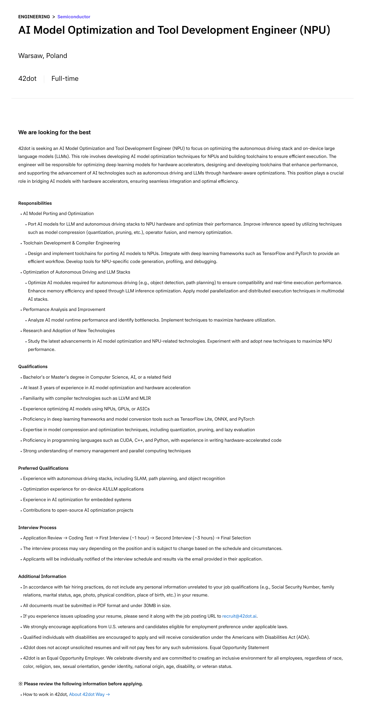 42dot AI Model Optimization and Tool Development Engineer (NPU) 채용공고