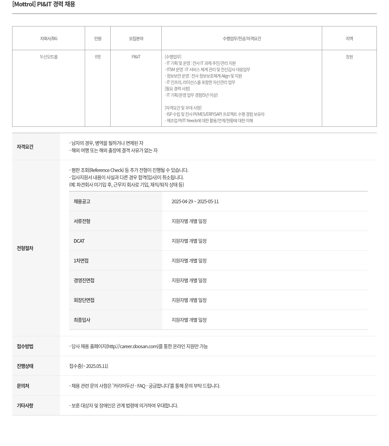 두산모트롤 [Mottrol] PI & IT 경력 채용 채용공고