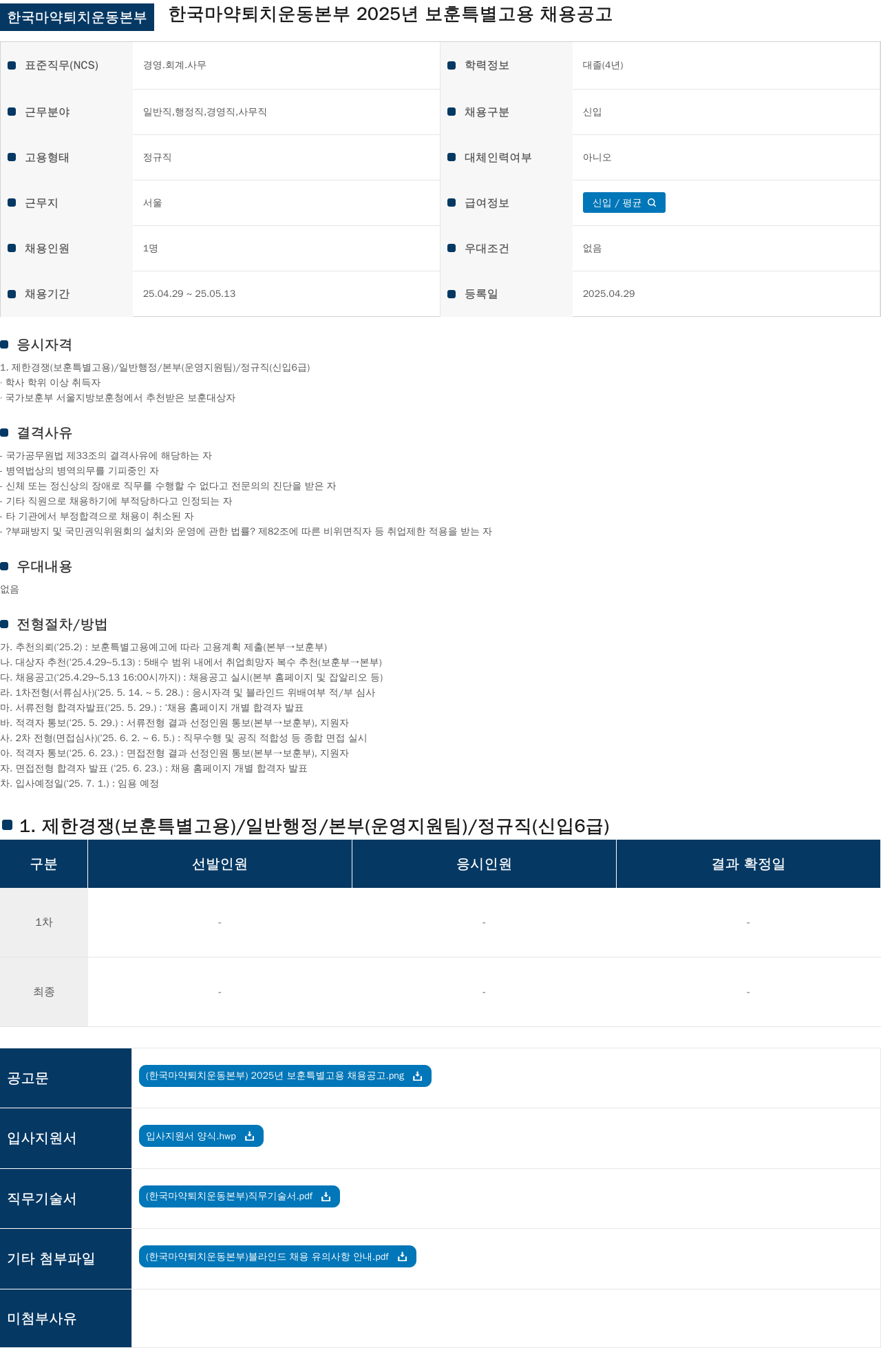 한국마약퇴치운동본부 2025년 보훈 특별 고용 채용 공고 채용공고