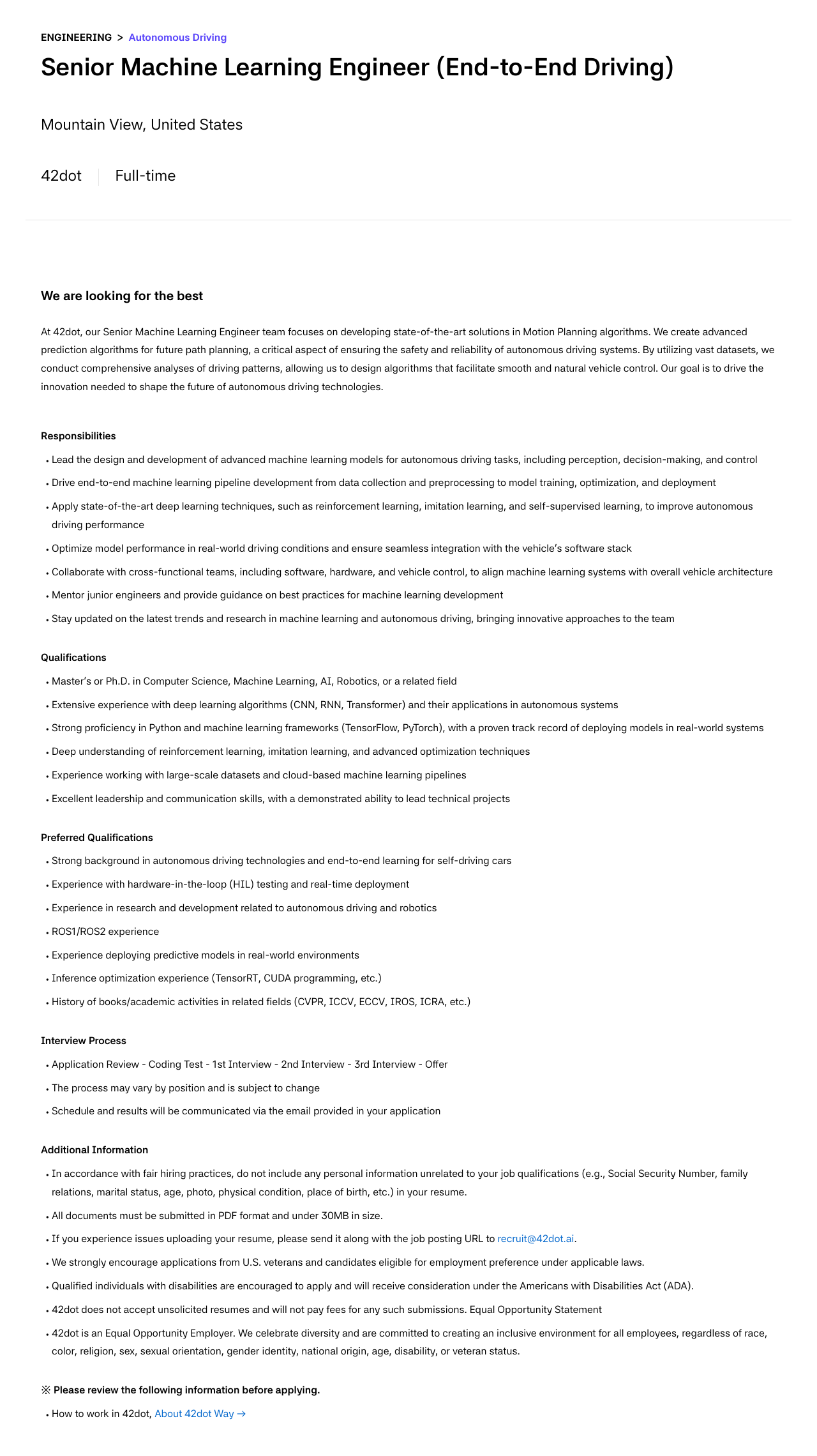 42dot Senior Machine Learning Engineer (End-to-End Driving) 채용공고