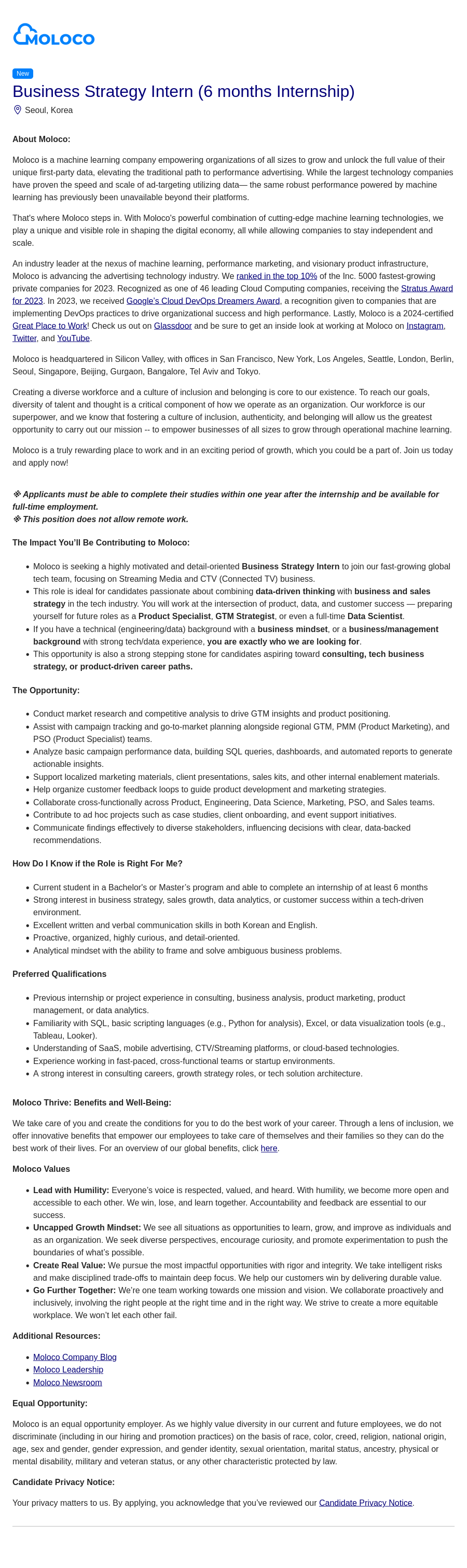 몰로코 Business Strategy Intern (6 months Internship) 채용공고