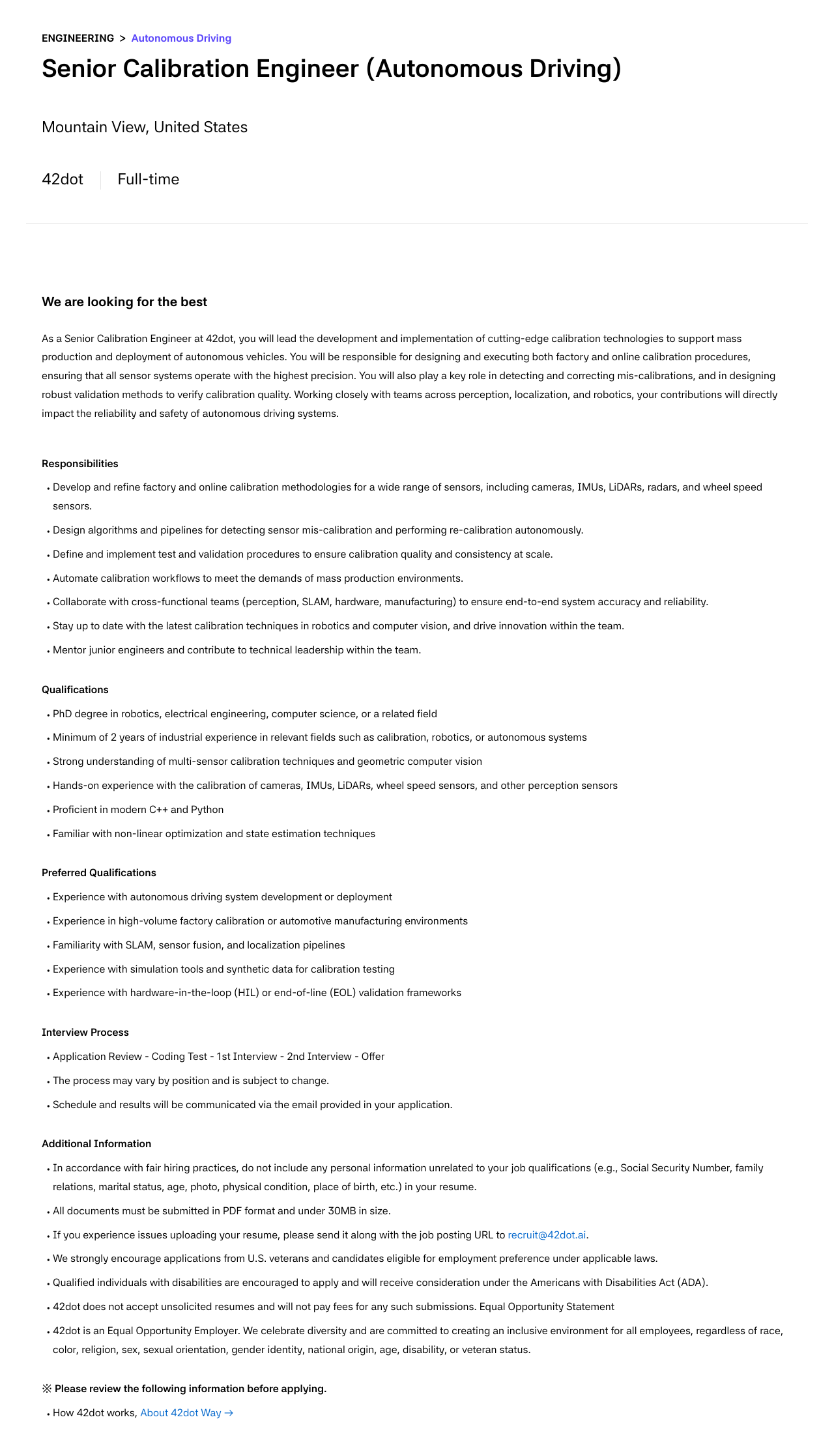 42dot Senior Calibration Engineer (Autonomous Driving) 채용공고