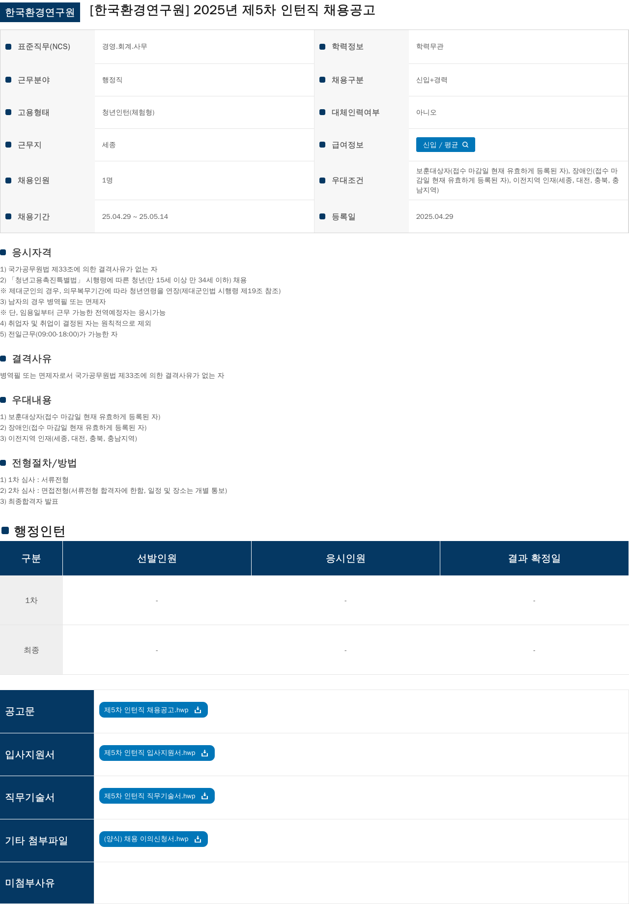 한국환경연구원 2025년 제5차 인턴직 채용 공고 채용공고