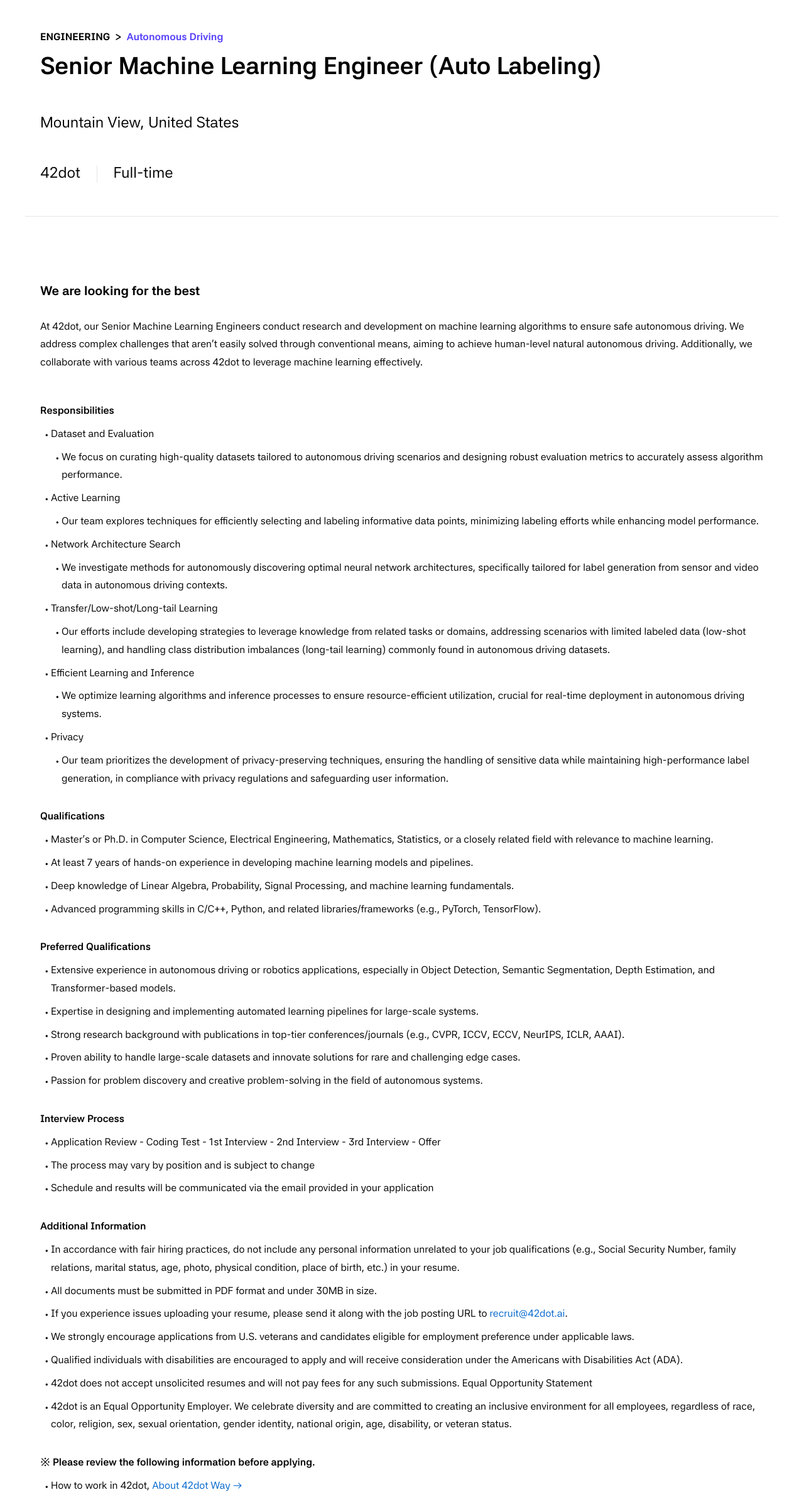 42dot Senior Machine Learning Engineer (Auto Labeling) 채용공고