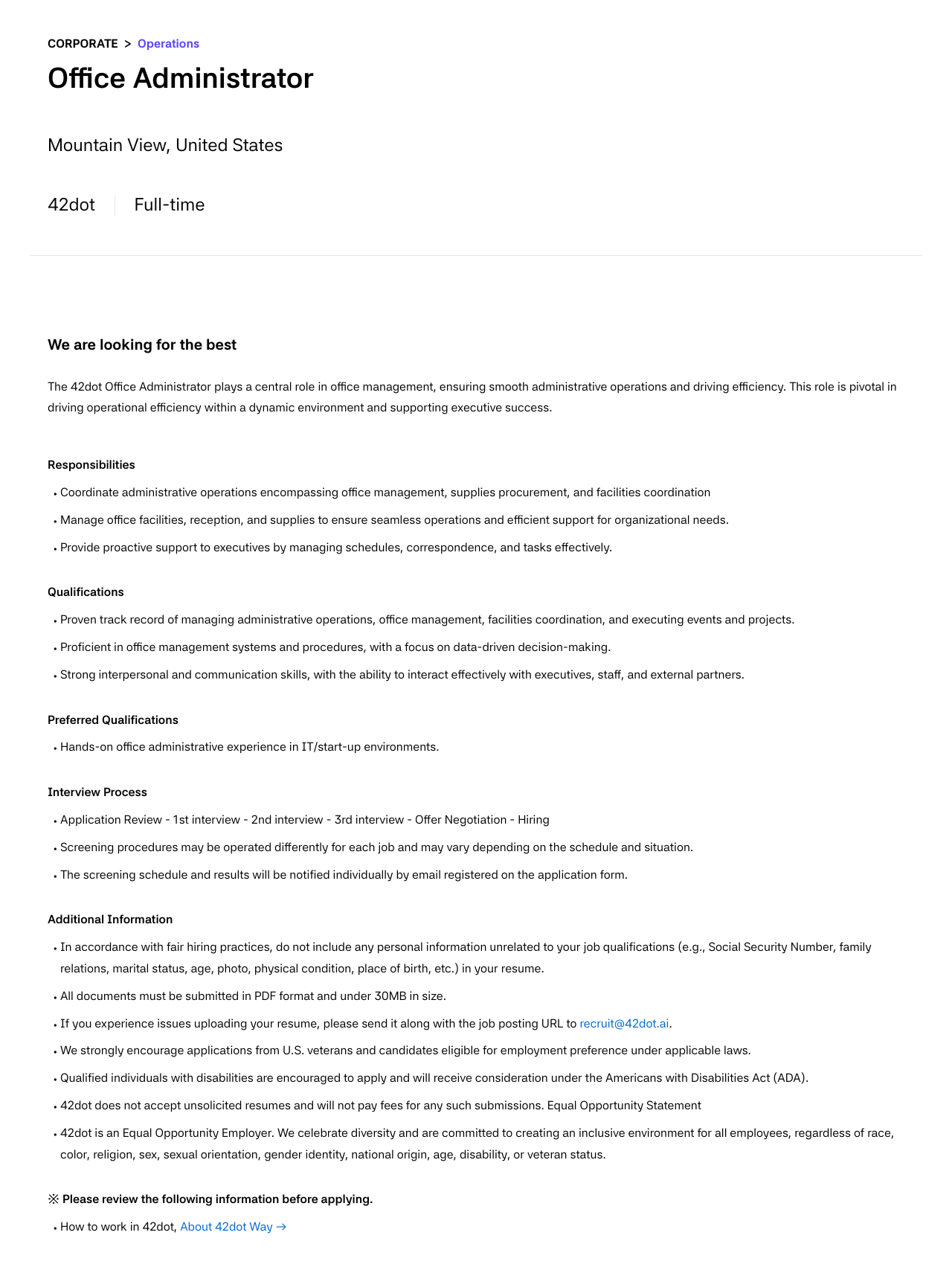 42dot Office Administrator 채용 (Mountain View, United States) 채용공고
