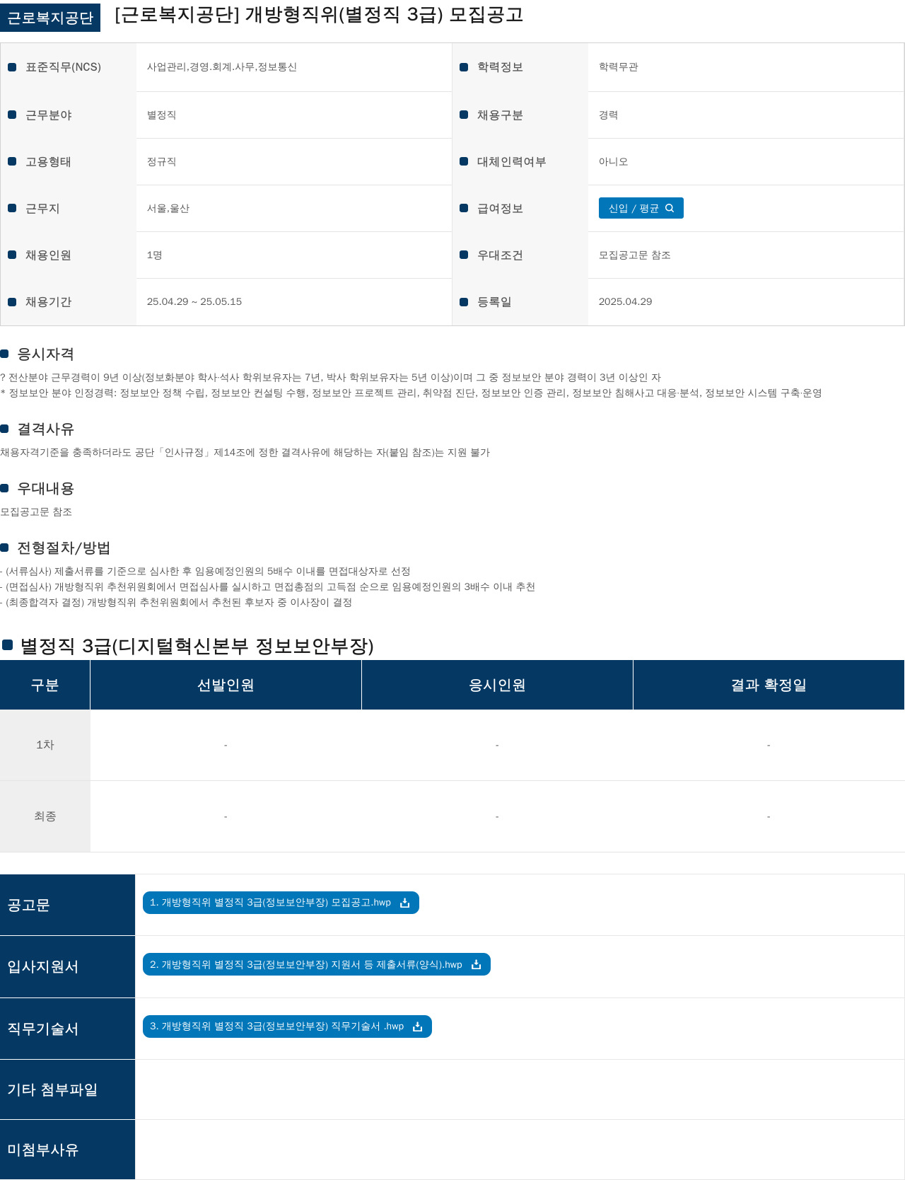 근로복지공단 개방형 직위(별정직 3급) 정보보안부장 모집 공고 채용공고