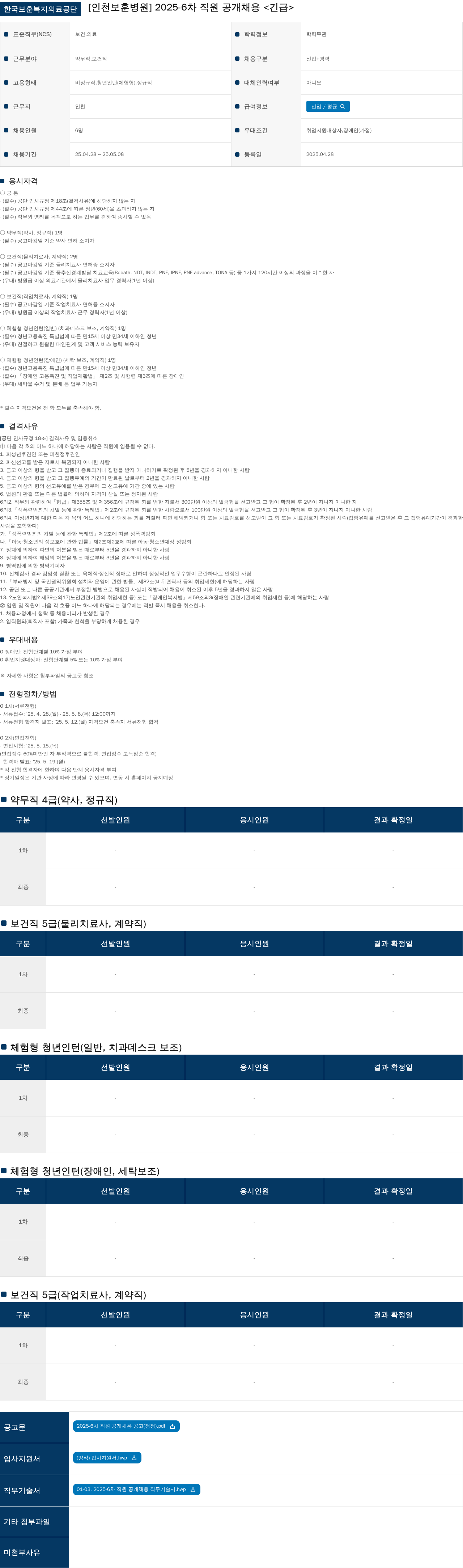 한국보훈복지의료공단 2025-6차 직원 공개 채용 <긴급> 채용공고
