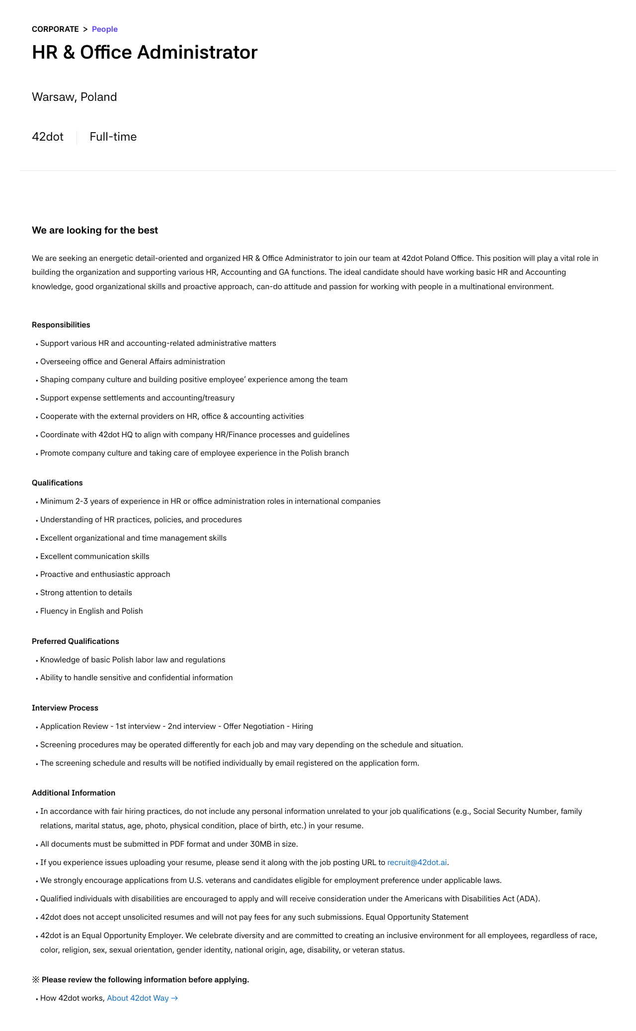 42dot HR & Office Administrator 채용 (폴란드 바르샤바) 채용공고