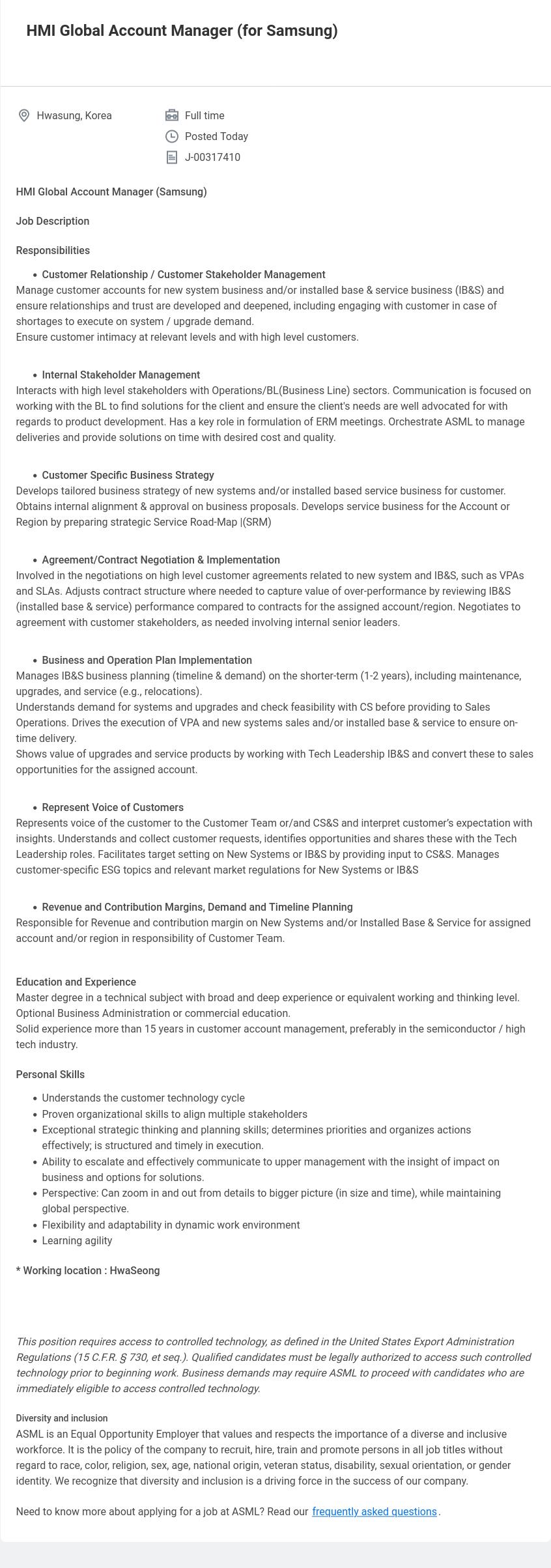ASML HMI Global Account Manager (for Samsung) 채용공고