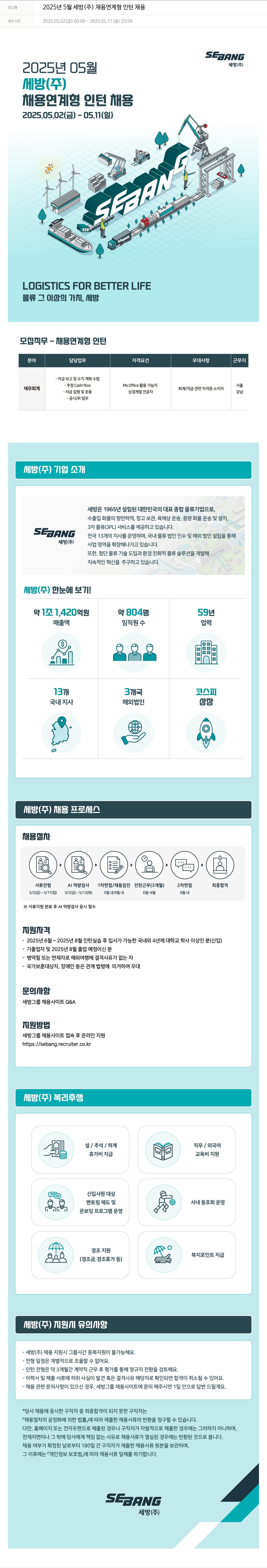 세방 2025년 5월 세방(주) 채용 연계형 인턴 채용 채용공고